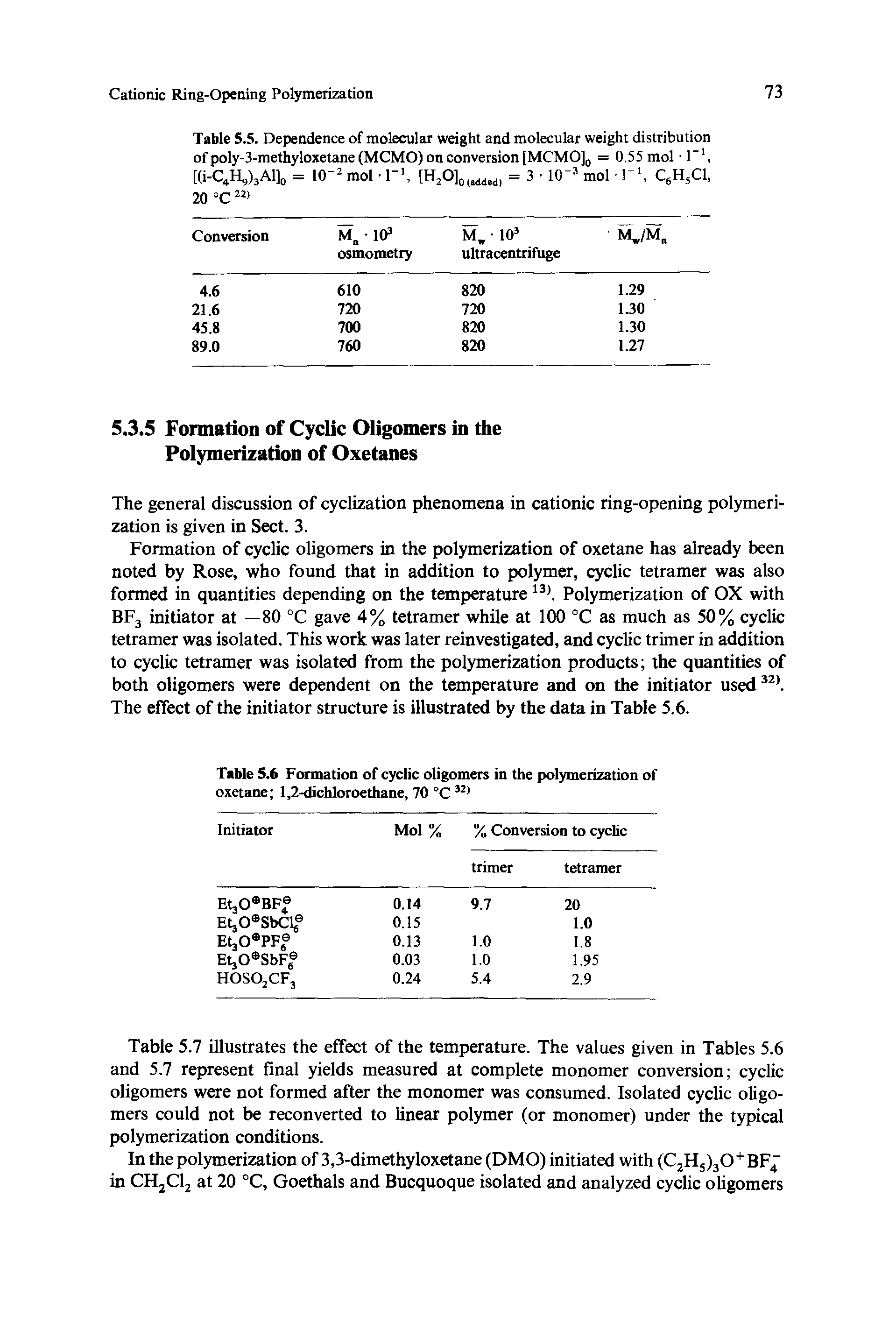 Table 5.5. Dependence of molecular weight and molecular weight distribution of poly-3-methyloxetane (MCMO) on conversion [MCMO]0 = 0.55 mol l 1, [(i-C4H9)3Al]0 = 10-2 mol 1-, [H2O]0(ldded) = 3 10 5 mol l1, C6H5C1,...