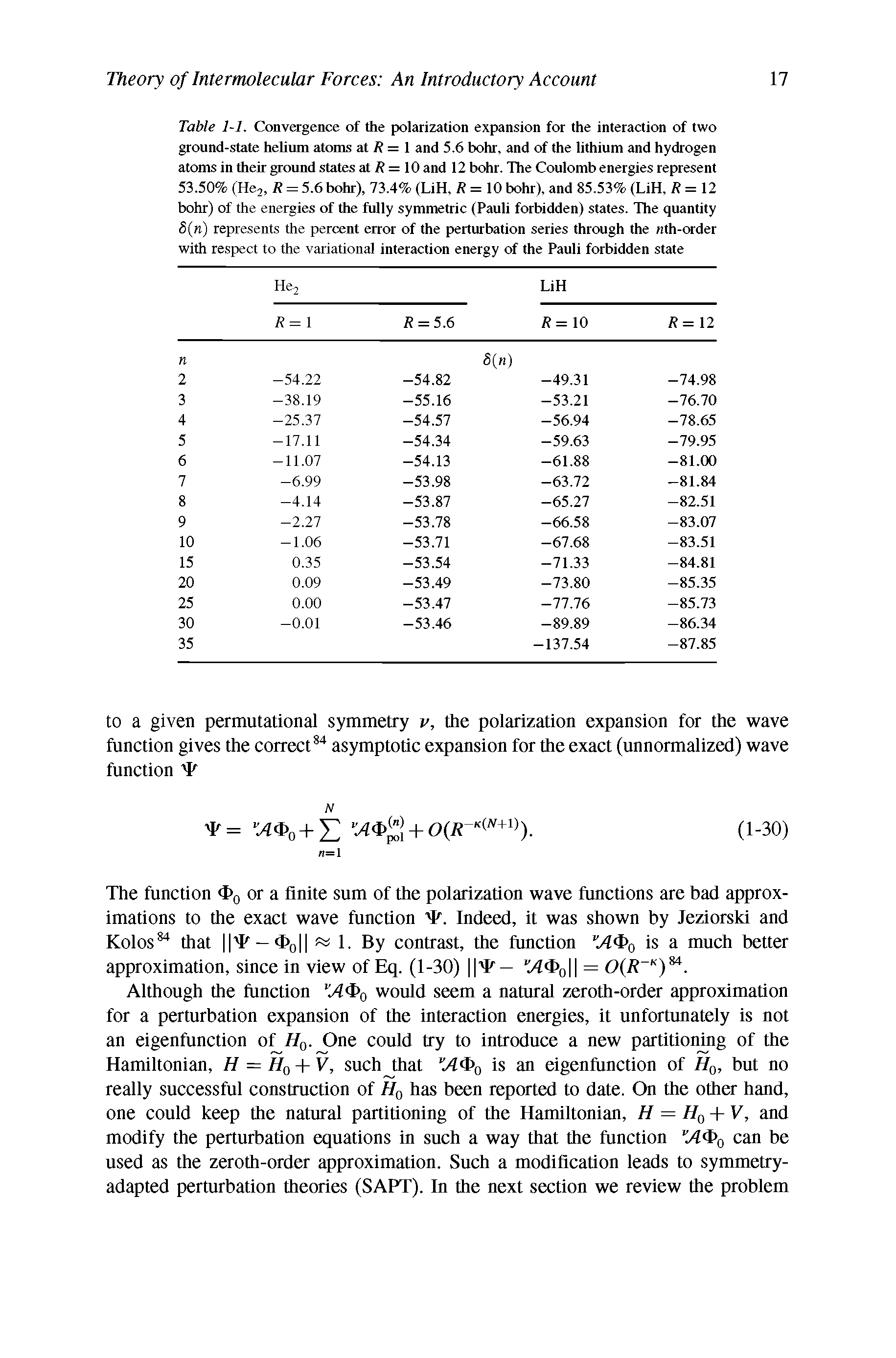 Table 1-1. Convergence of the polarization expansion for the interaction of two ground-state helium atoms at R = 1 and 5.6 bohr, and of the lithium and hydrogen atoms in their ground states at R = 10 and 12 bohr. The Coulomb energies represent 53.50% (He2) R = 5.6bohr), 73.4% (LiH, R = 10 bohr), and 85.53% (LiH, R= 12 bohr) of the energies of the fully symmetric (Pauli forbidden) states. The quantity S(n) represents the percent error of the perturbation series through the nth-order with respect to the variational interaction energy of the Pauli forbidden state...