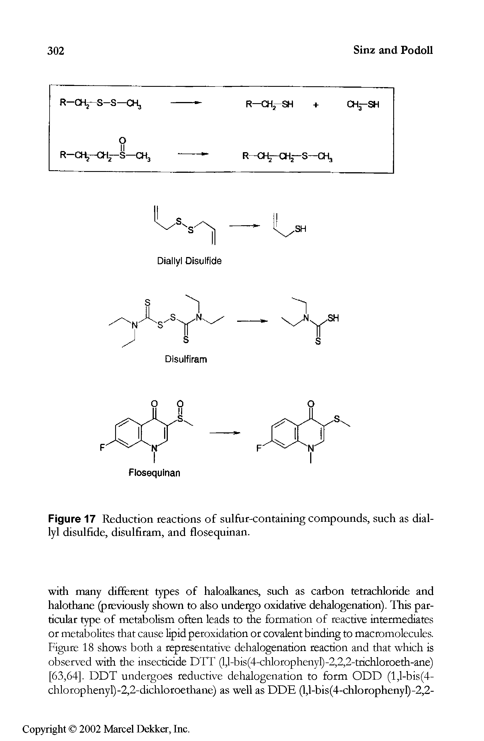 Figure 17 Reduction reactions of sulfur-containing compounds, such as diallyl disulfide, disulfiram, and flosequinan.