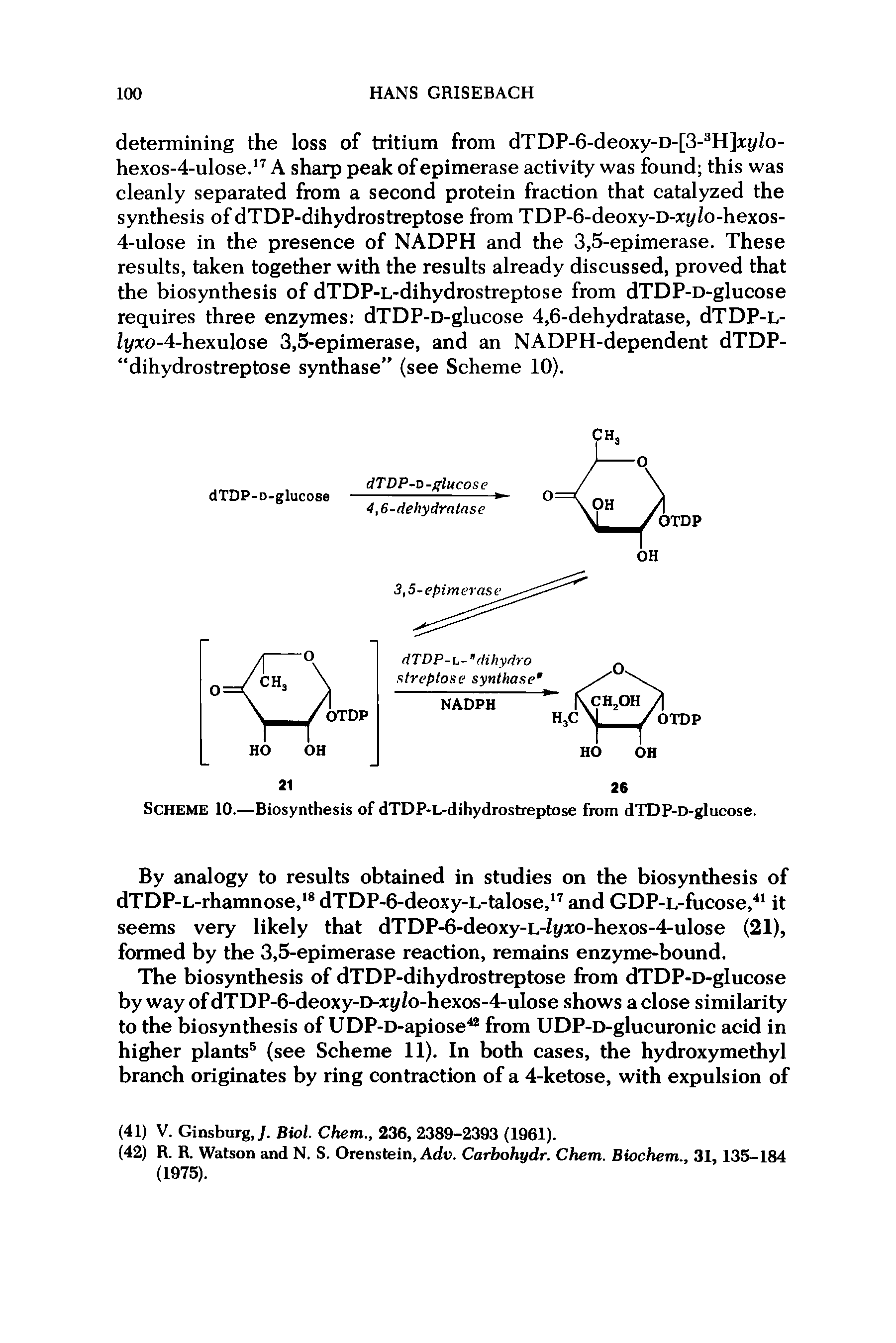 Scheme 10.—Biosynthesis of dTDP-L-dihydrostreptose from dTDP-D-glucose.