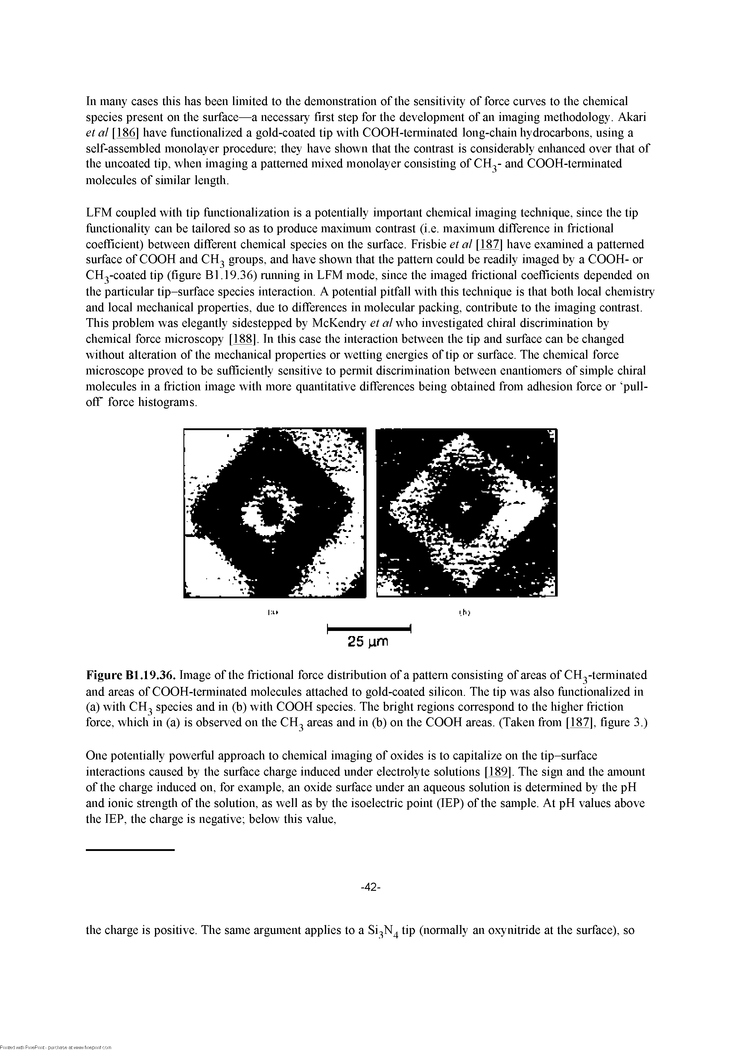 Figure Bl.19.36. Image of the frictional force distribution of a pattern consisting of areas of CH -tenuinated and areas of COOH-tenninated molecules attached to gold-coated silicon. The tip was also fiinctionalized in (a) with CH3 species and in (b) with COOH species. The bright regions correspond to the higher friction force, which in (a) is observed on the CH areas and in (b) on the COOH areas. (Taken from [187], figure 3.)...
