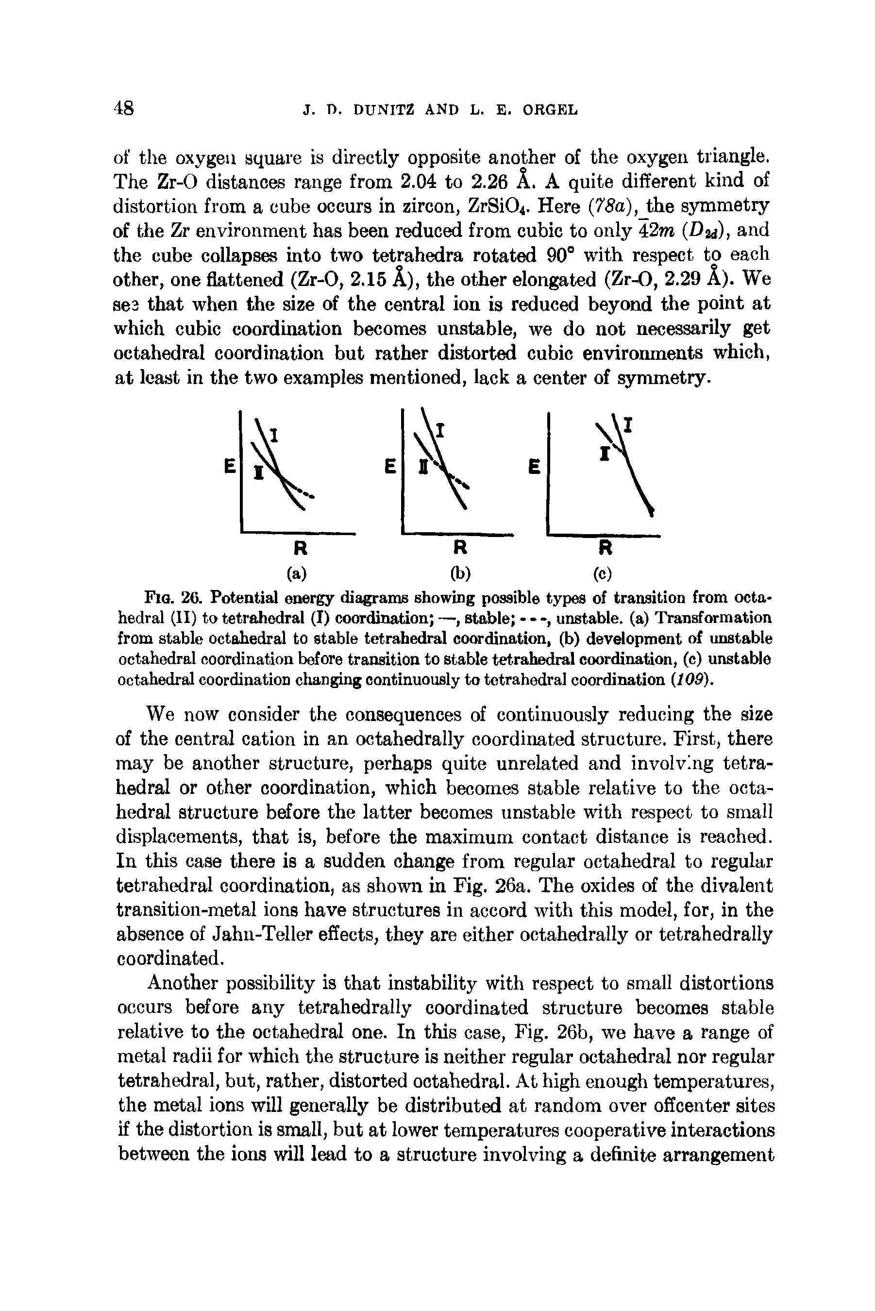 Fig. 26. Potential energy diagrams showing possible types of transition from octahedral (II) to tetrahedral (I) coordination —, stable - - -, unstable, (a) Transformation from stable octahedral to stable tetrahedral coordination, (b) development of unstable octahedral coordination before transition to stable tetrahedral coordination, (c) unstable octahedral coordination changing continuously to tetrahedral coordination (109).