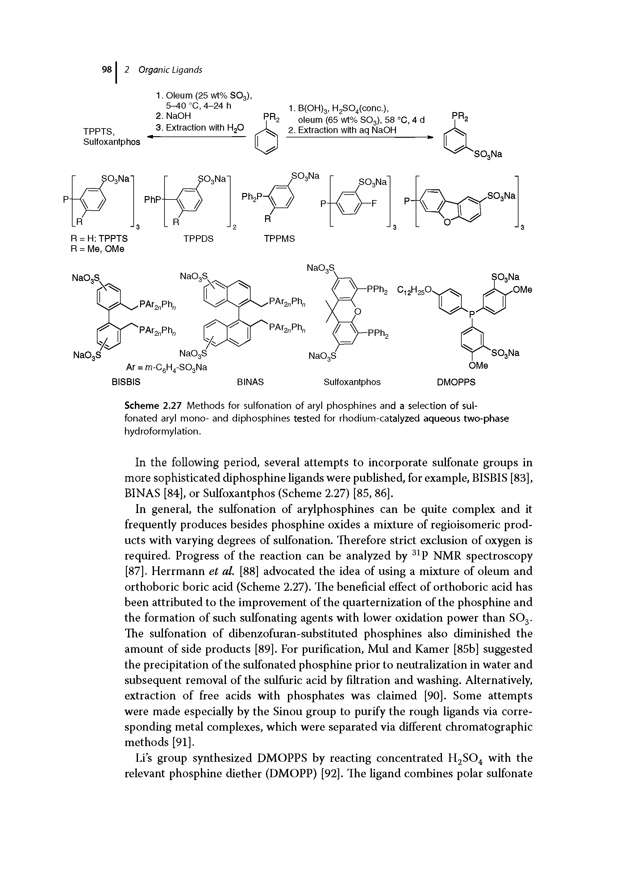 Scheme 2.27 Methods for sulfonation of aryl phosphines and a selection of sul-fonated aryl mono- and diphosphines tested for rhodium-catalyzed aqueous two-phase hydroformylation.