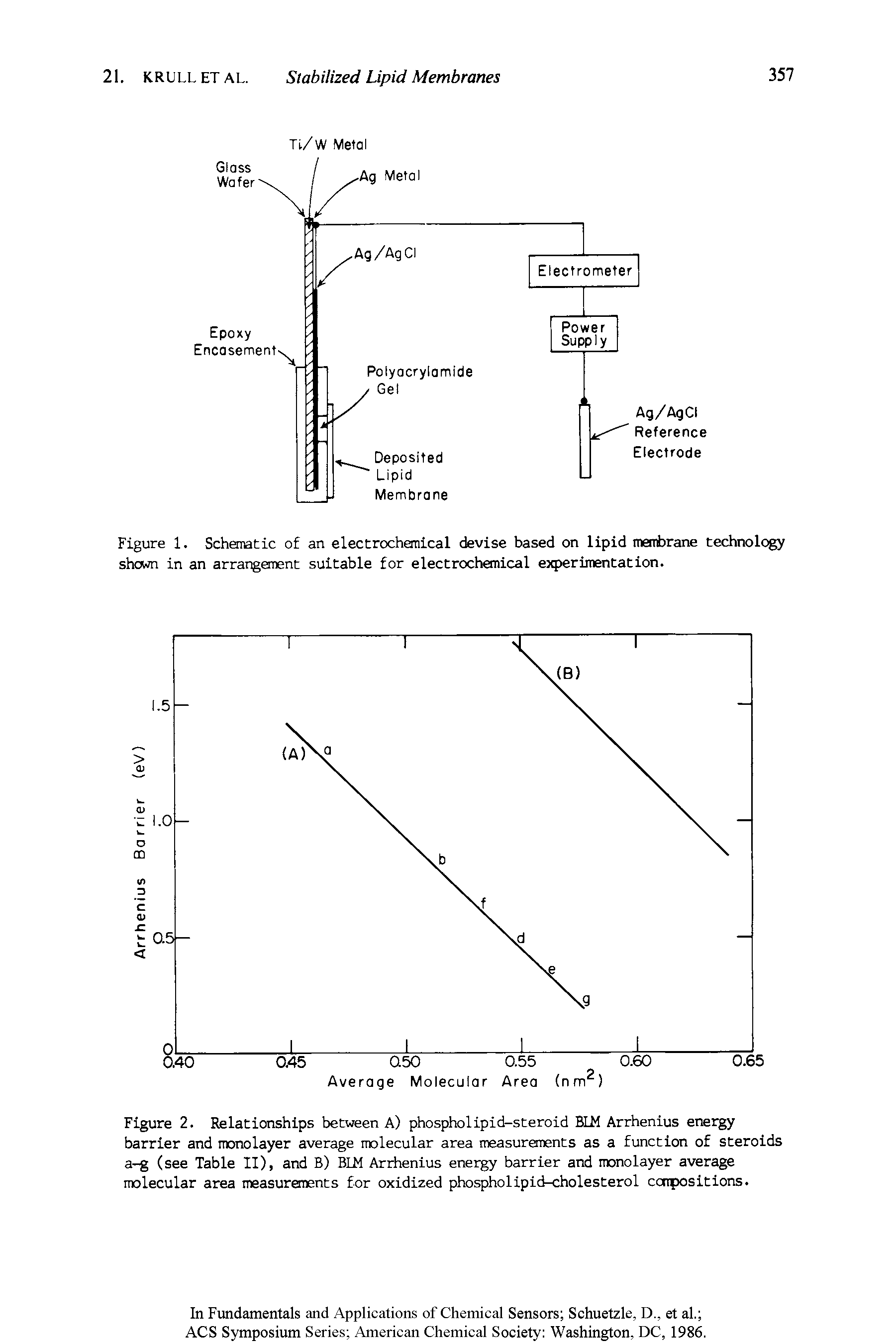 Figure 2. Relationships between A) phospholipid-steroid ELM Arrhenius energy barrier and monolayer average molecular area measurements as a function of steroids a-g (see Table II), and B) BLM Arrhenius energy barrier and monolayer average molecular area measurements for oxidized phospholipid-cholesterol compositions.