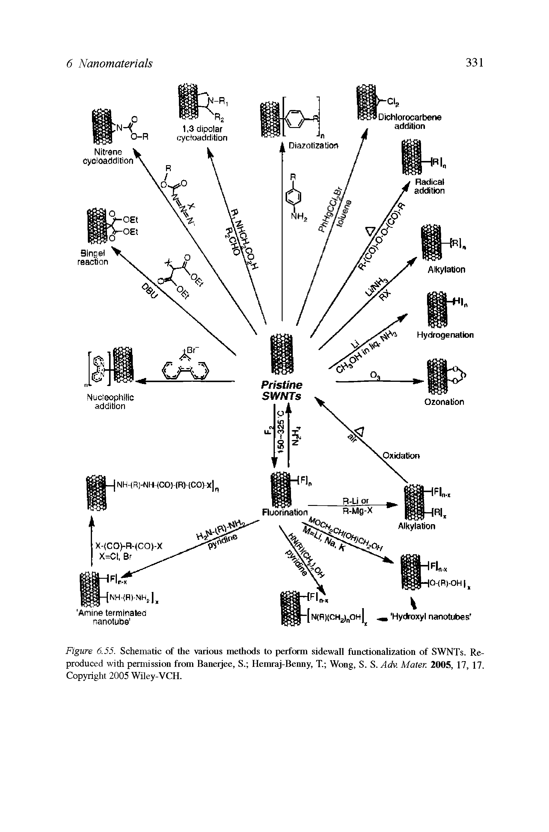Figure 6.55. Schematic of the various methods to perform sidewall functionalization of SWNTs. Reproduced with permission from Baneijee, S. Hemraj-Benny, T. Wong, S. S. Adv. Mater. 2005, 17, 17. Copyright 2005 Wiley-VCH.