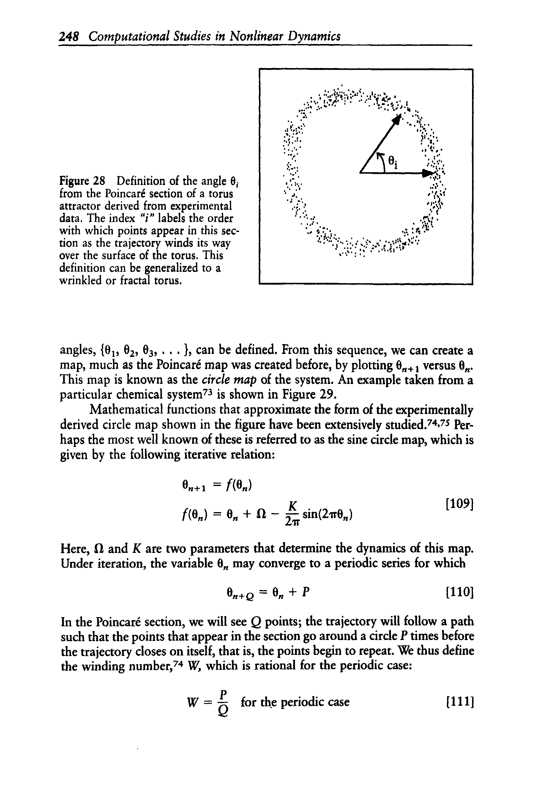 Figure 28 Definition of the angle 6 from the Poincare section of a torus attractor derived from experimental data. The index labels the order with which points appear in this section as the trajectory winds its way over the surface of the torus. This definition can be generalized to a wrinkled or fractal torus.