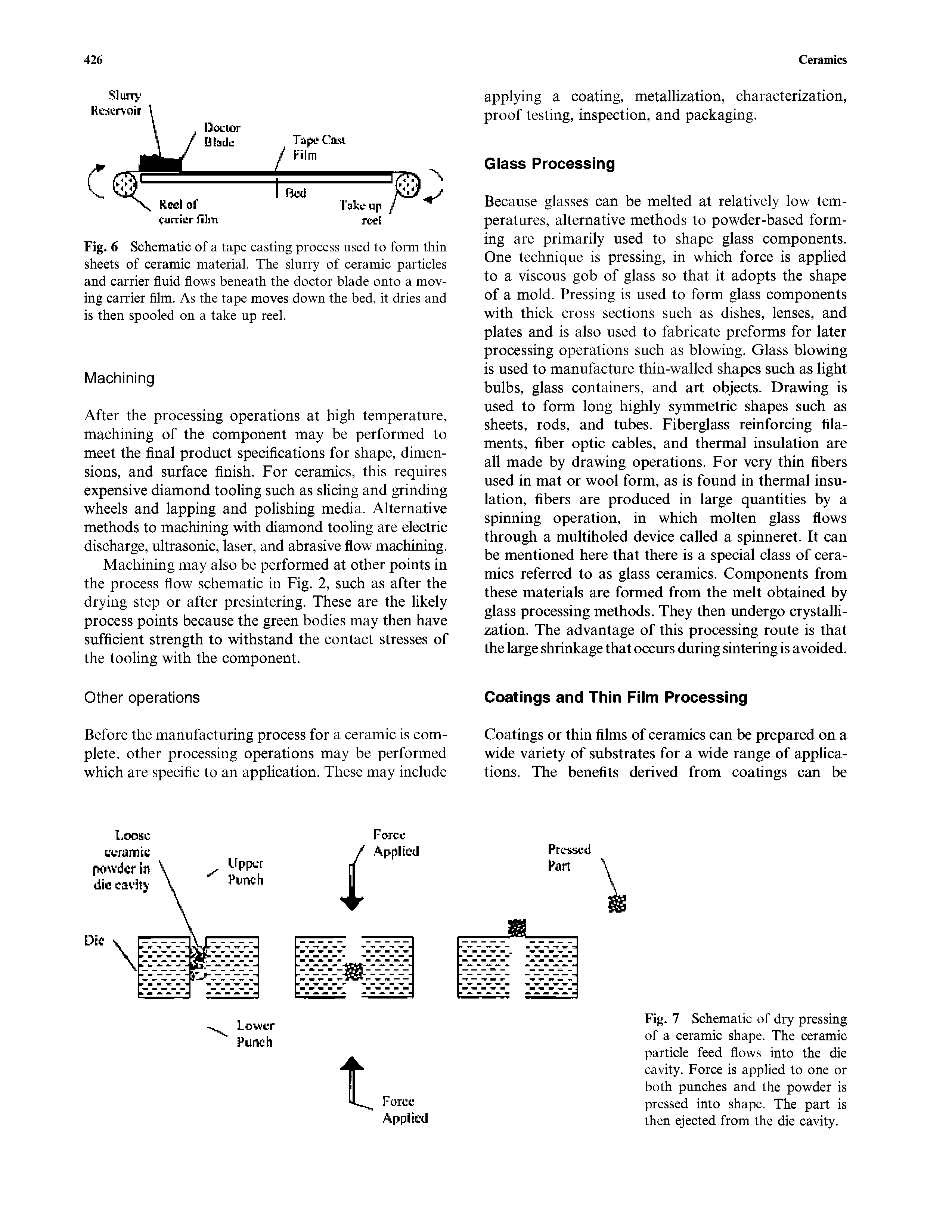 Fig. 6 Schematic of a tape casting process used to form thin sheets of ceramic material. The slurry of ceramic particles and carrier fluid flows beneath the doctor blade onto a moving carrier film. As the tape moves down the bed, it dries and is then spooled on a take up reel.