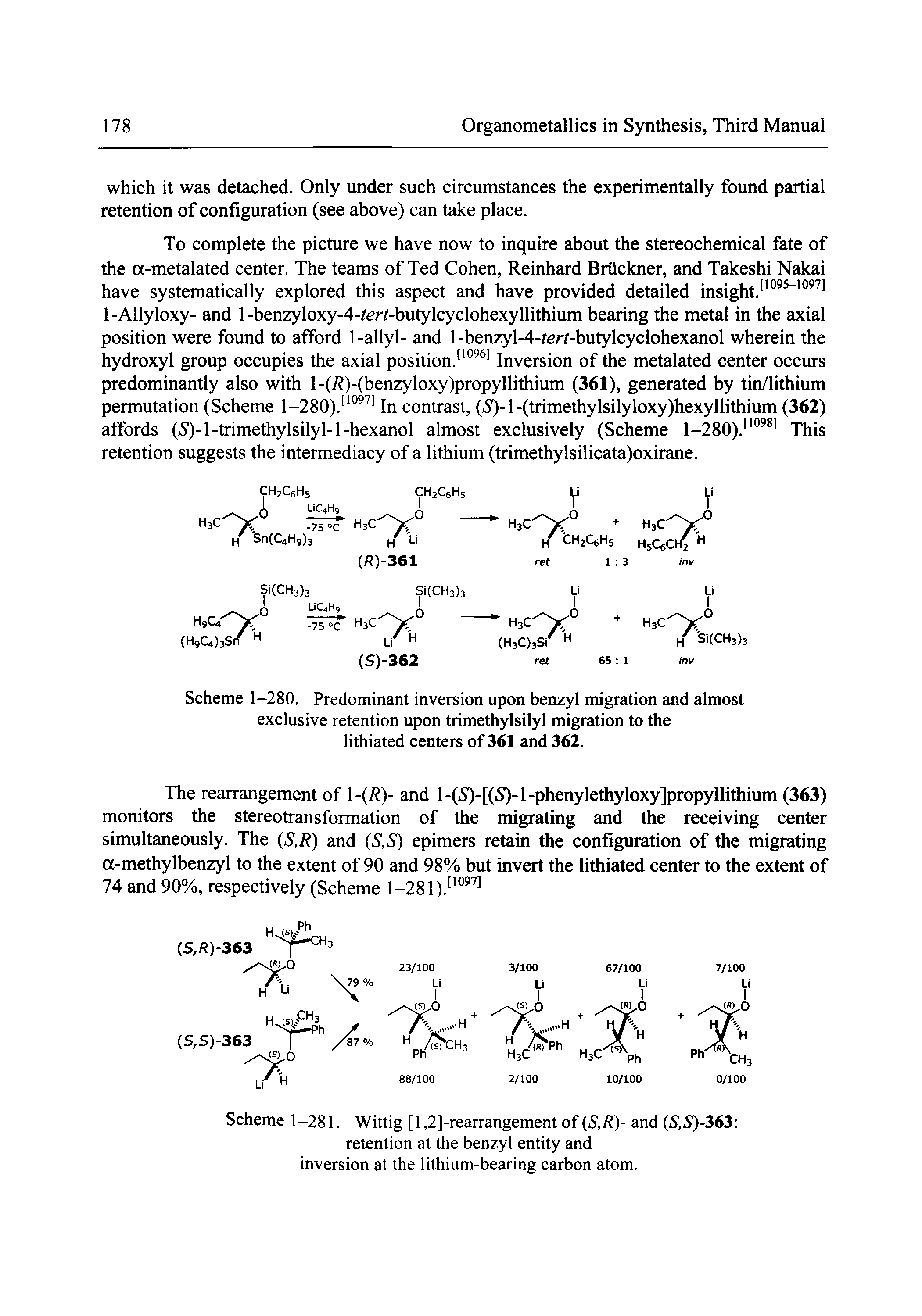 Scheme 1-280. Predominant inversion upon benzyl migration and almost exclusive retention upon trimethylsilyl migration to the lithiated centers of 361 and 362.