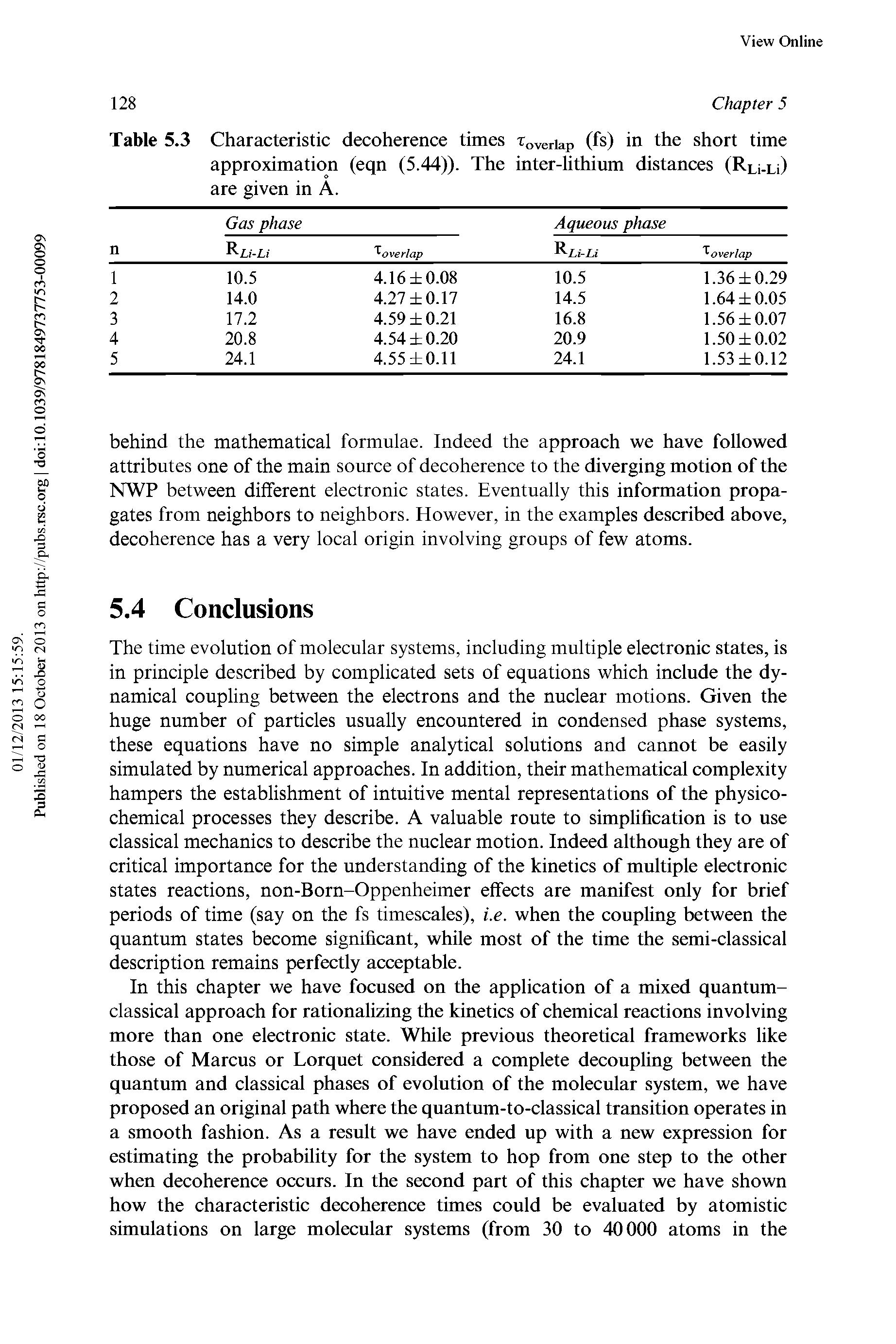 Table 5.3 Characteristic decoherence times Toveriap (fs) in the short time approximation (eqn (5.44)). The inter-Kthium distances (Ru-Li) are given in A.