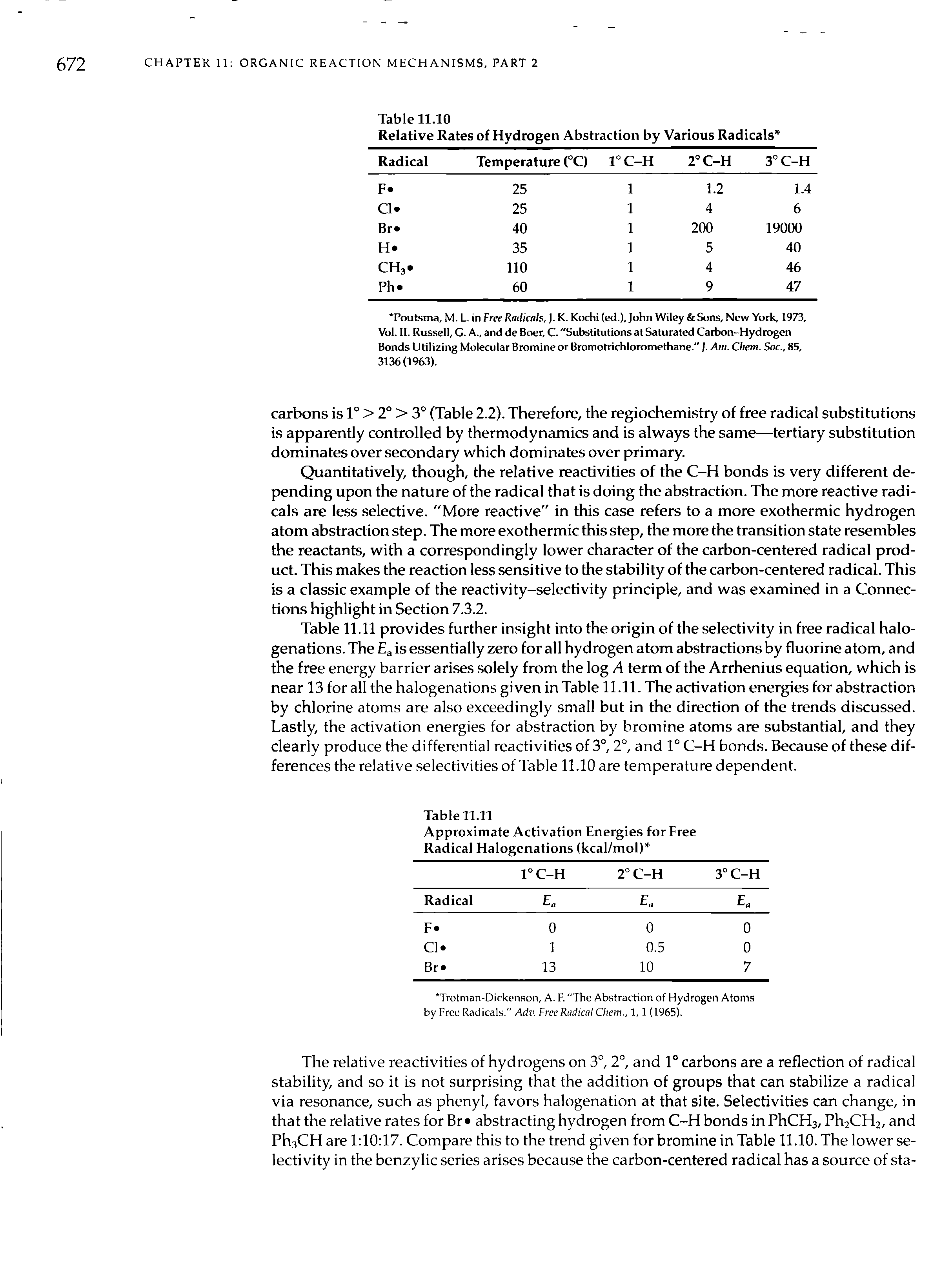 Table 11.11 provides further insight into the origin of the selectivity in free radical halo-genations. The is essentially zero for all hydrogen atom abstractions by fluorine atom, and the free energy barrier arises solely from the log A term of the Arrhenius equation, which is near 13 for all the halogenations given in Table 11.11. The activation energies for abstraction by chlorine atoms are also exceedingly small but in the direction of the trends discussed. Lastly, the activation energies for abstraction by bromine atoms are substantial, and they clearly produce the differential reactivities of 3°, 2°, and 1° C-H bonds. Because of these differences the relative selectivities of Table 11.10 are temperature dependent.