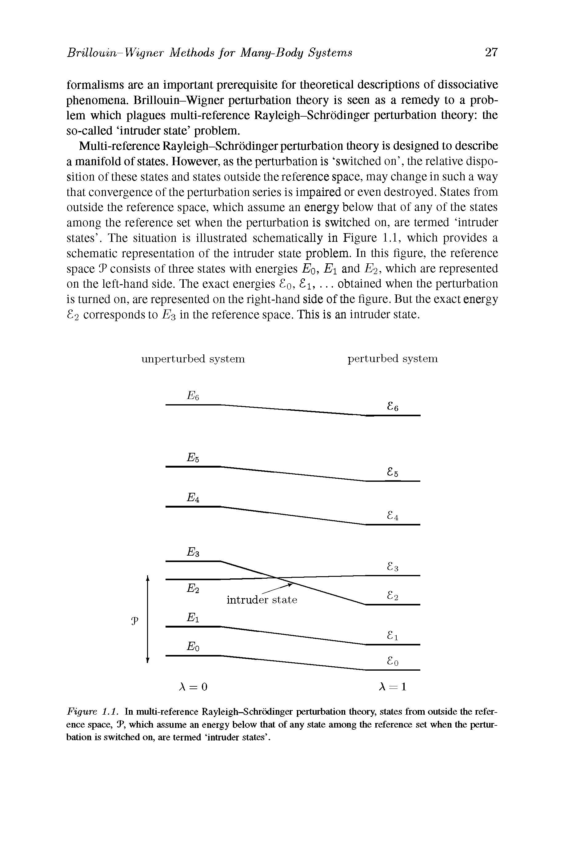 Figure 1.1. In multi-reference Rayleigh-Schrodinga- perturbation theory, states from outside the refe-ence space, P, which assume an energy below that of any state among the reference set when the perturbation is switched on, are termed intruder states .