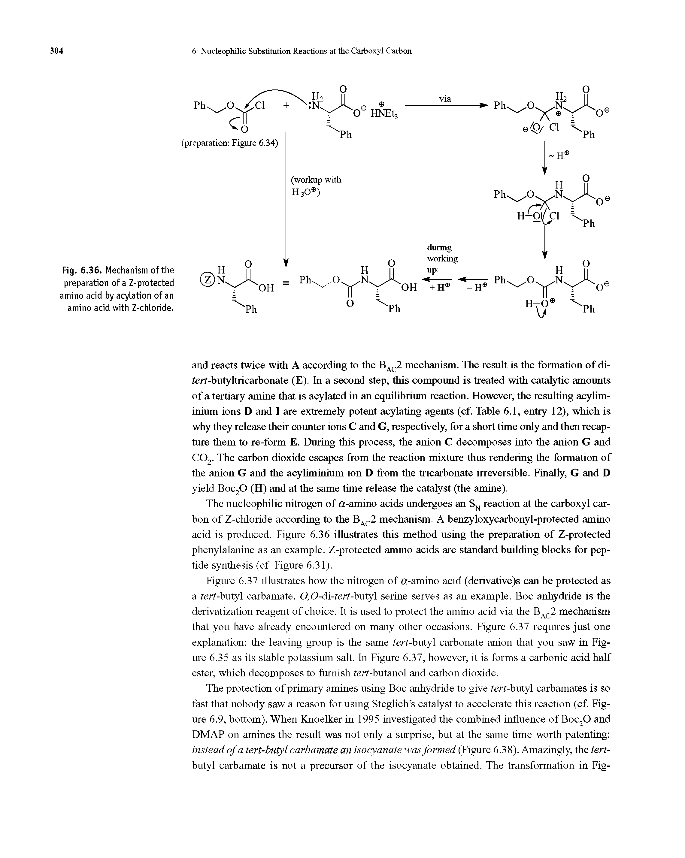 Fig. 6.36. Mechanism of the preparation of a Z-protected amino acid by acylation of an amino acid with Z-chloride.