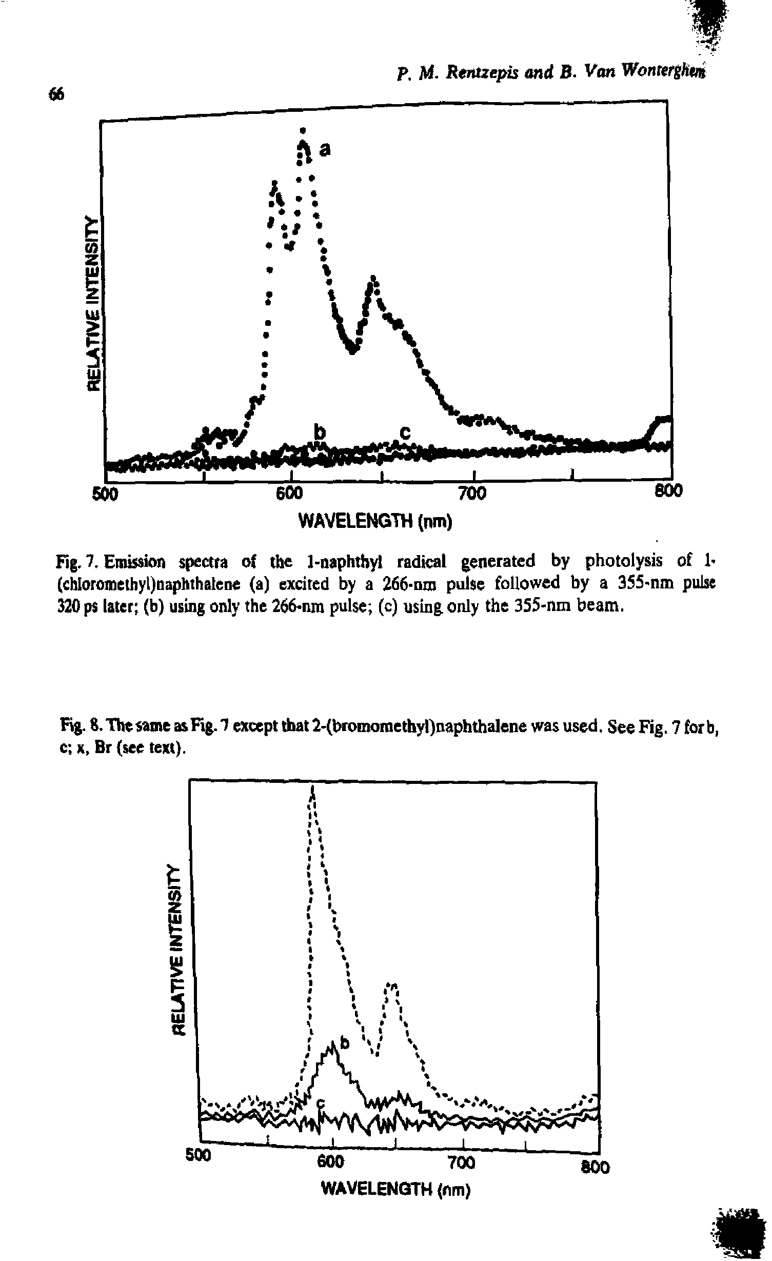 Fig. 7. Enusaion spectra o( the 1-naphthyl radical generated by photolysis of 1< (chloromethyOnaphthelene (a) excited by a 266-did pulse followed by a 355-nm pulse ko ps later (b) using only the 266-nm pulse (c) using only the 3S5-nm beam.