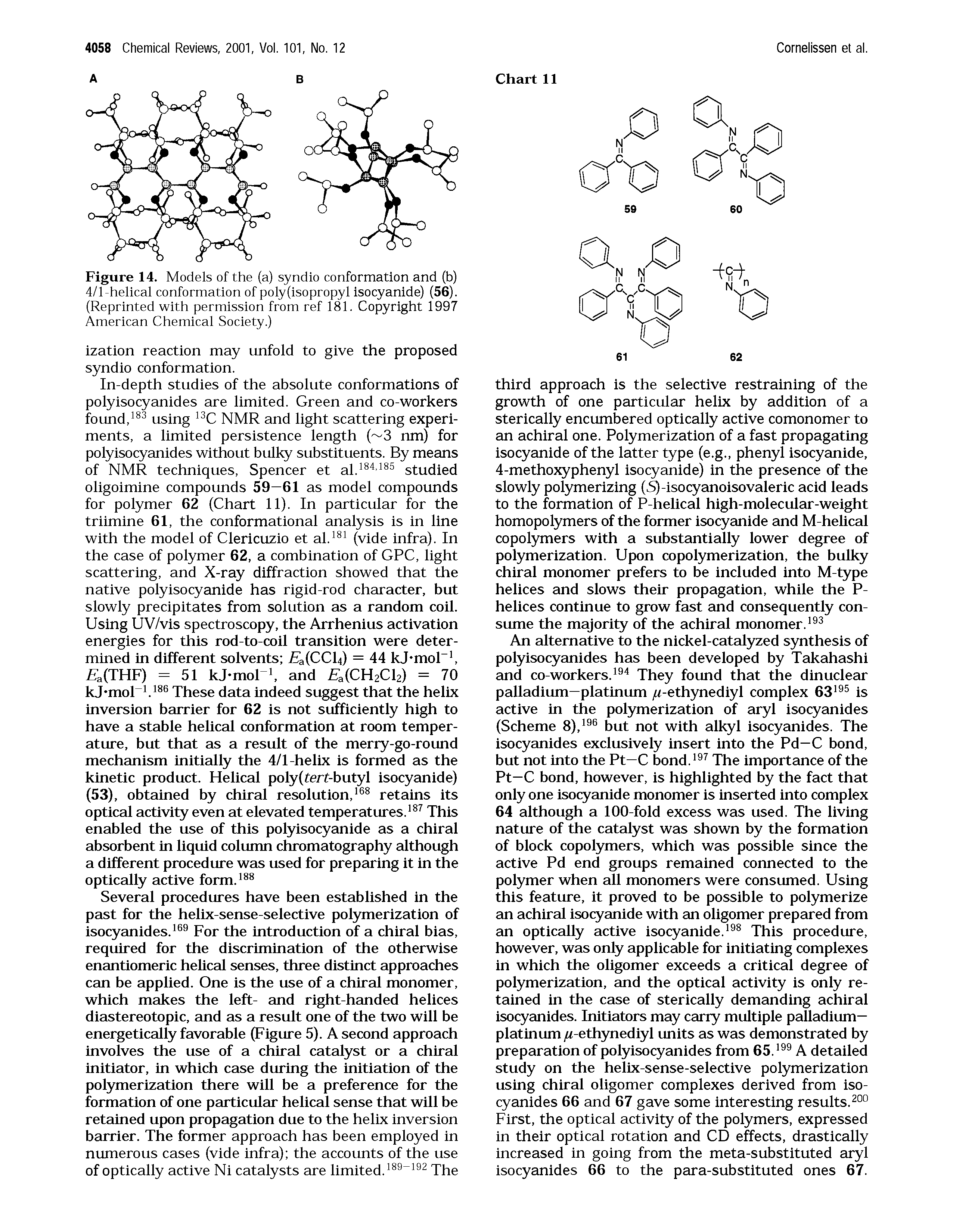Figure 14. Models of the (a) syndio conformation and (b) 4/1-helical conformation of poly(isopropyl isocyanide) (56). (Reprinted with permission from ref 181. Copyright 1997 American Chemical Society.)...