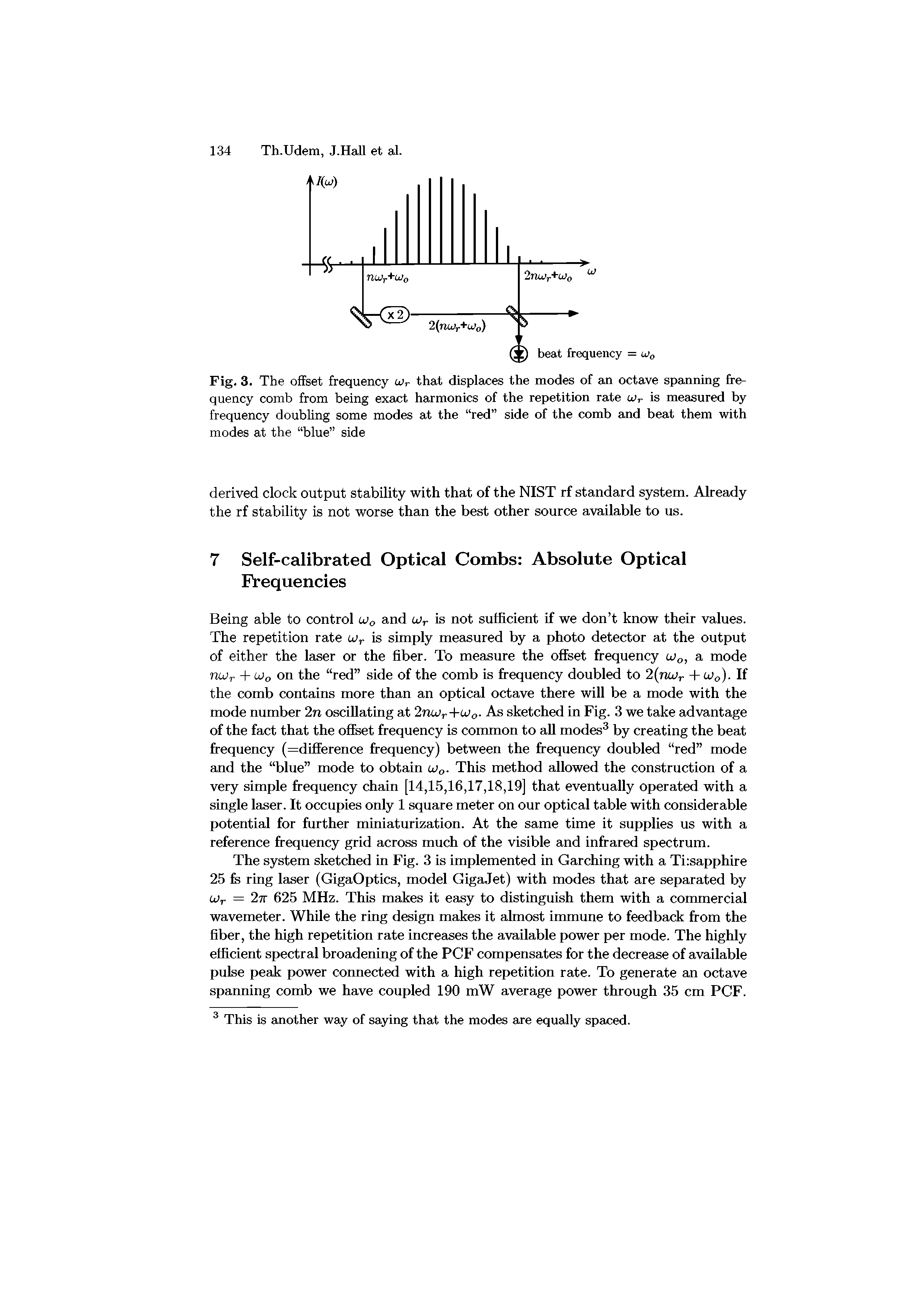 Fig. 3. The offset frequency uv that displaces the modes of an octave spanning frequency comb from being exact harmonics of the repetition rate u>r is measured by frequency doubling some modes at the red side of the comb and beat them with modes at the blue side...