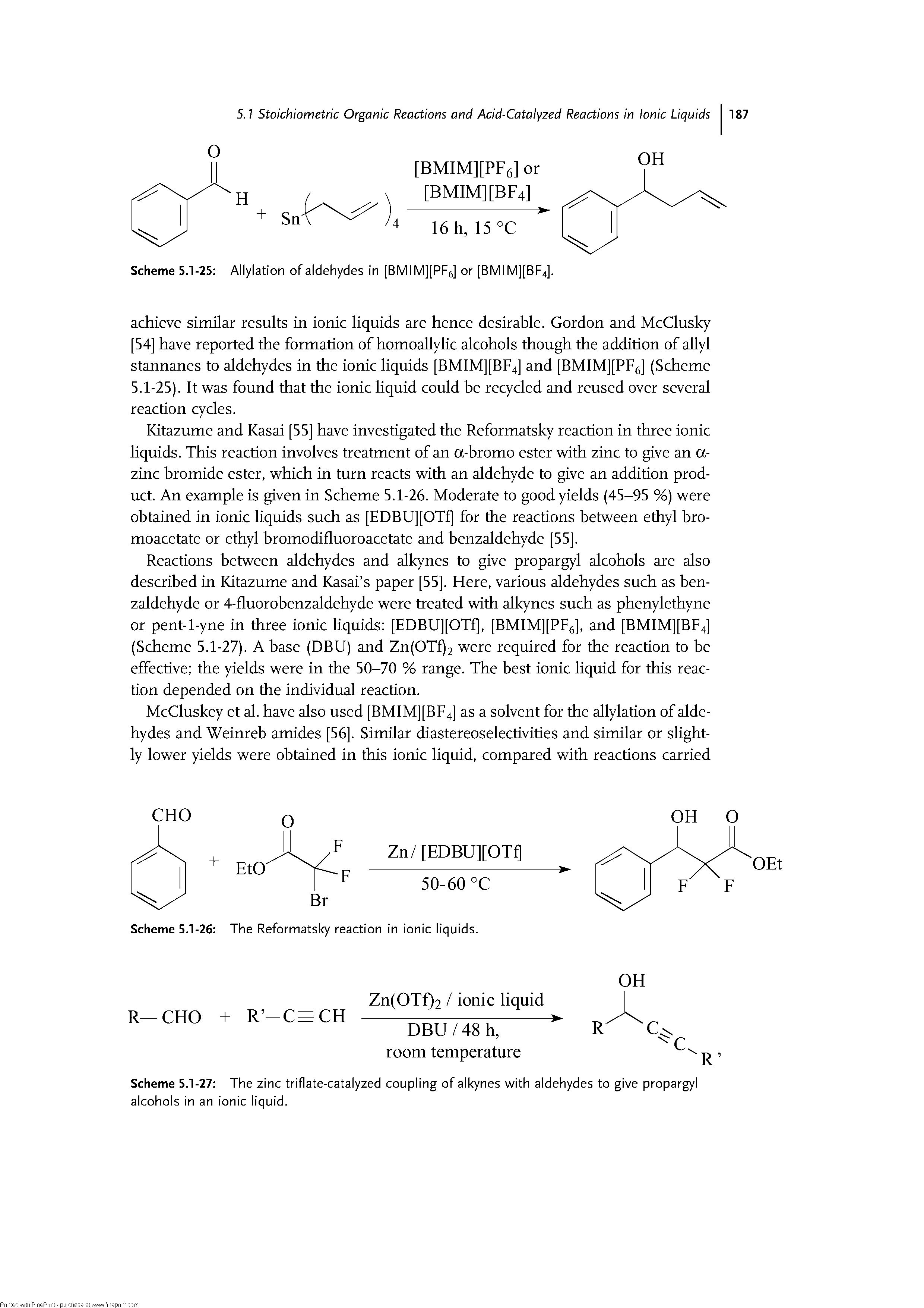 Scheme 5.1-27 The zinc triflate-catalyzed coupling of alkynes with aldehydes to give propargyl alcohols in an ionic liquid.