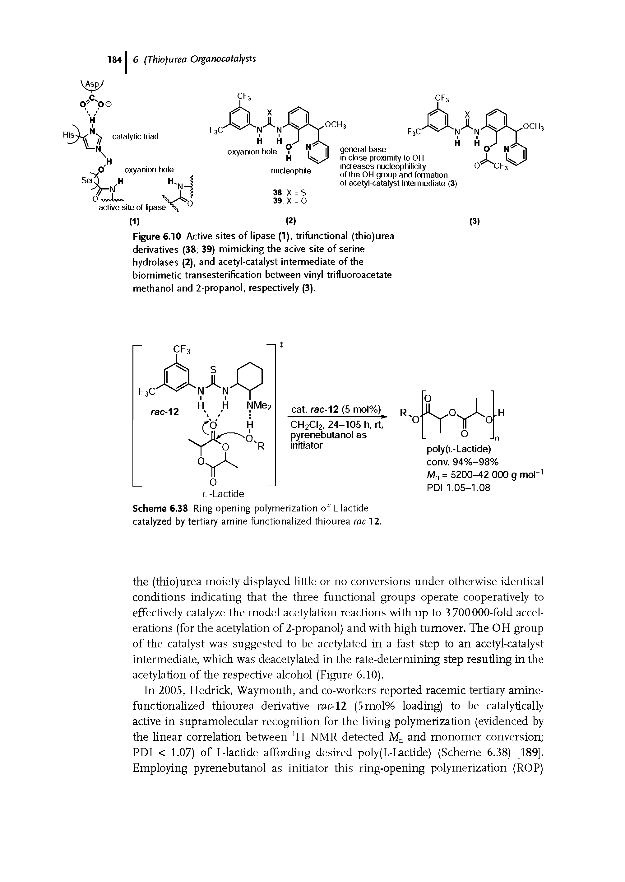 Figure 6.10 Active sites of lipase (1), triflinctional (thio)urea derivatives (38 39) mimicking the acive site of serine hydrolases (2), and acetyl-catalyst intermediate of the biomimetic transesterification between vinyl trifluoroacetate methanol and 2-propanol, respectively (3).