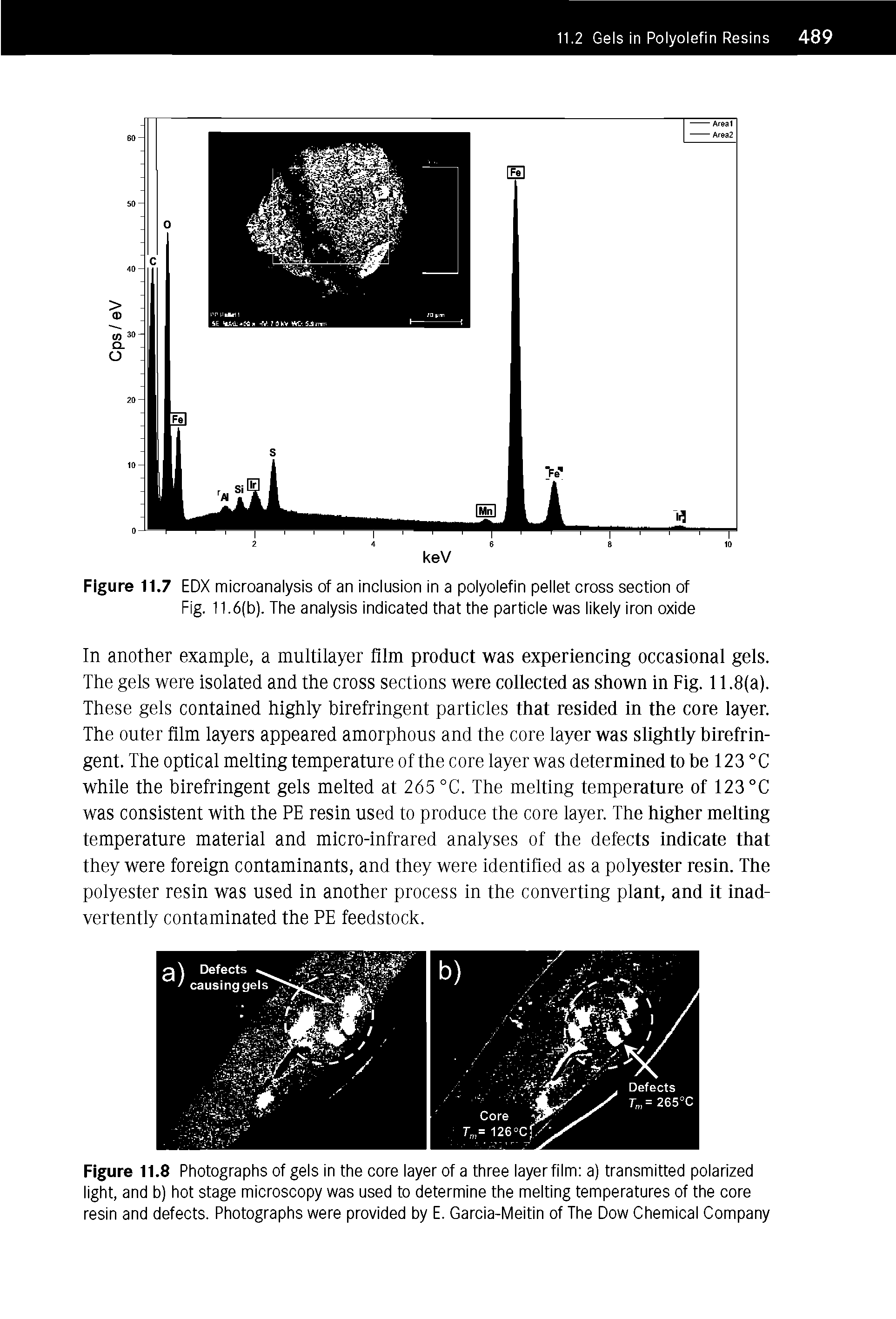 Figure 11.8 Photographs of gels In the core layer of a three layer film a) transmitted polarized light, and b) hot stage microscopy was used to determine the melting temperatures of the core resin and defects. Photographs were provided by E. Garcia-Meitin of The Dow Chemical Company...