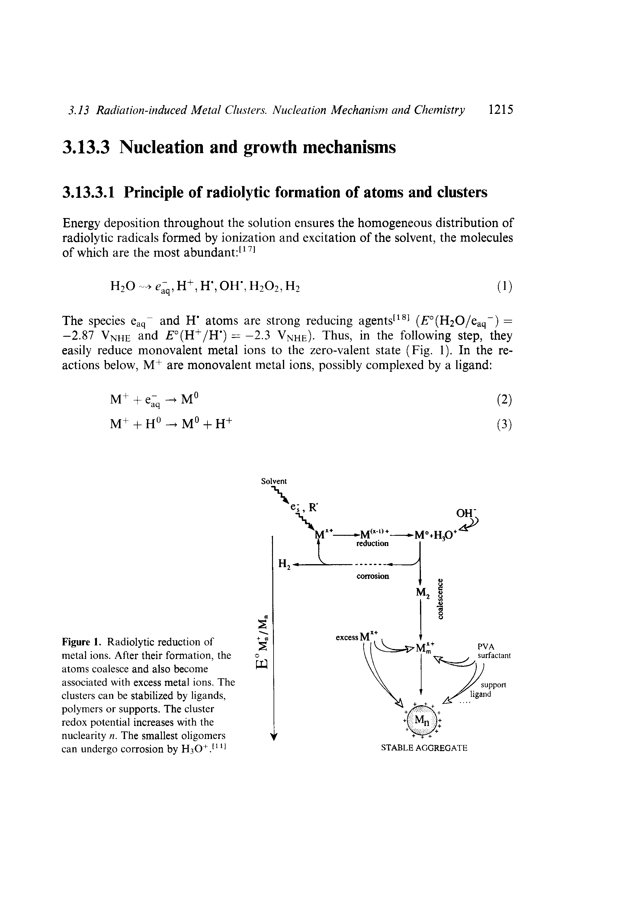 Figure 1. Radiolytic reduction of metal ions. After their formation, the atoms coalesce and also become associated with excess metal ions. The clusters can be stabilized by ligands, polymers or supports. The cluster redox potential increases with the nuclearity n. The smallest oligomers can undergo corrosion by...