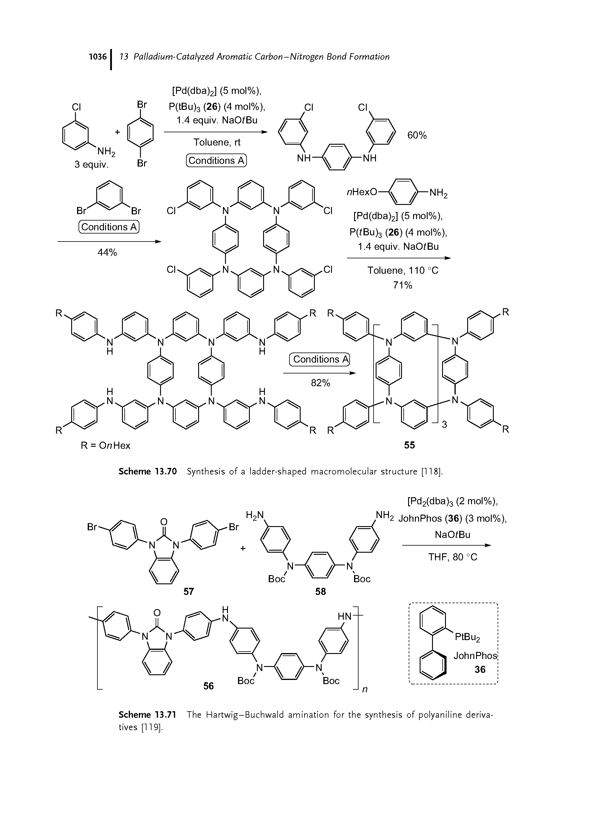 Scheme 13.71 The Hartwig-Buchwald amination for the synthesis of polyaniline derivatives [119],...