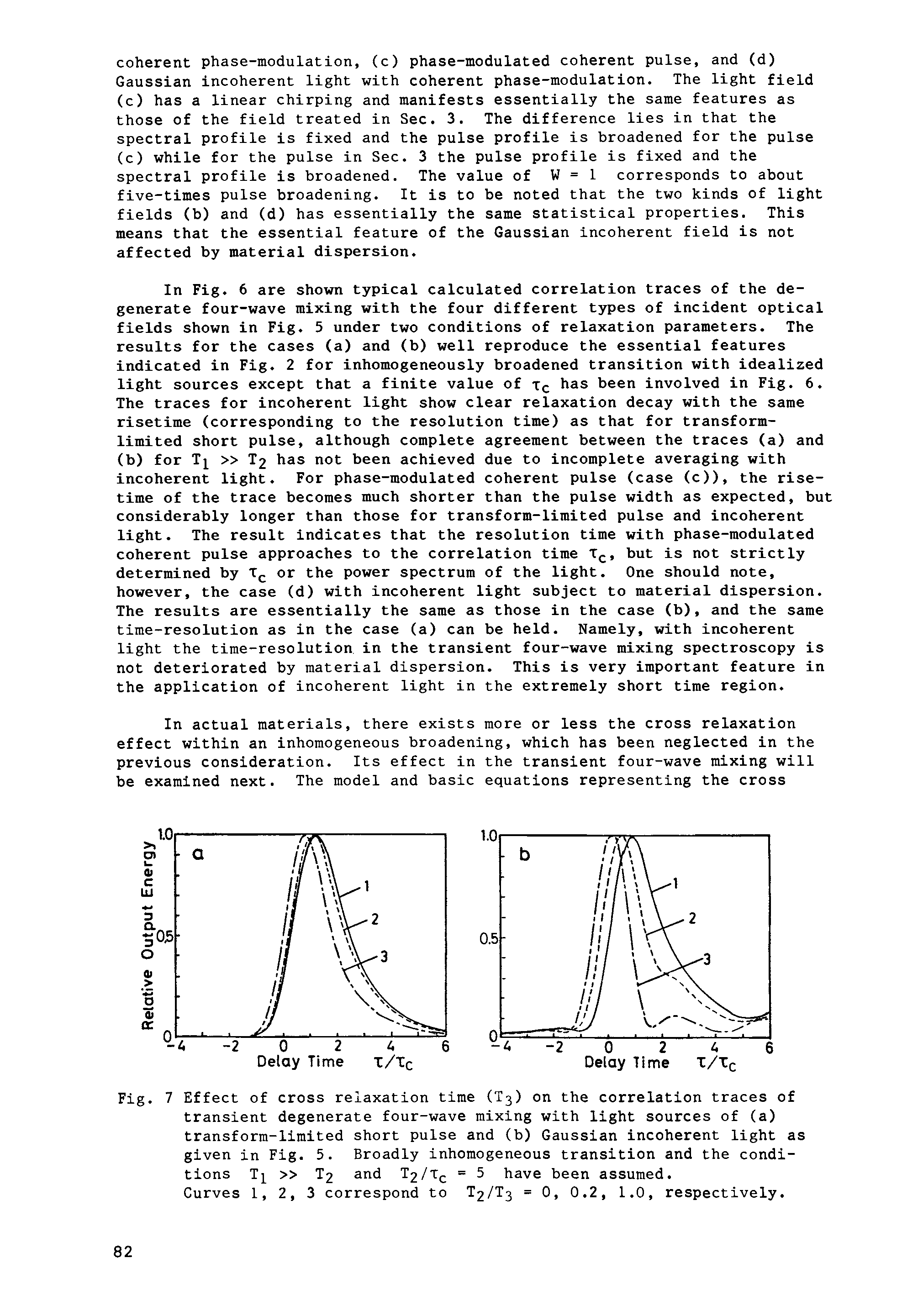 Fig. 7 Effect of cross relaxation time (T3) on the correlation traces of transient degenerate four-wave mixing with light sources of (a) transform-limited short pulse and (b) Gaussian incoherent light as given in Fig. 5. Broadly inhomogeneous transition and the conditions Ti >> T2 and T2/T(- = 5 have been assumed.