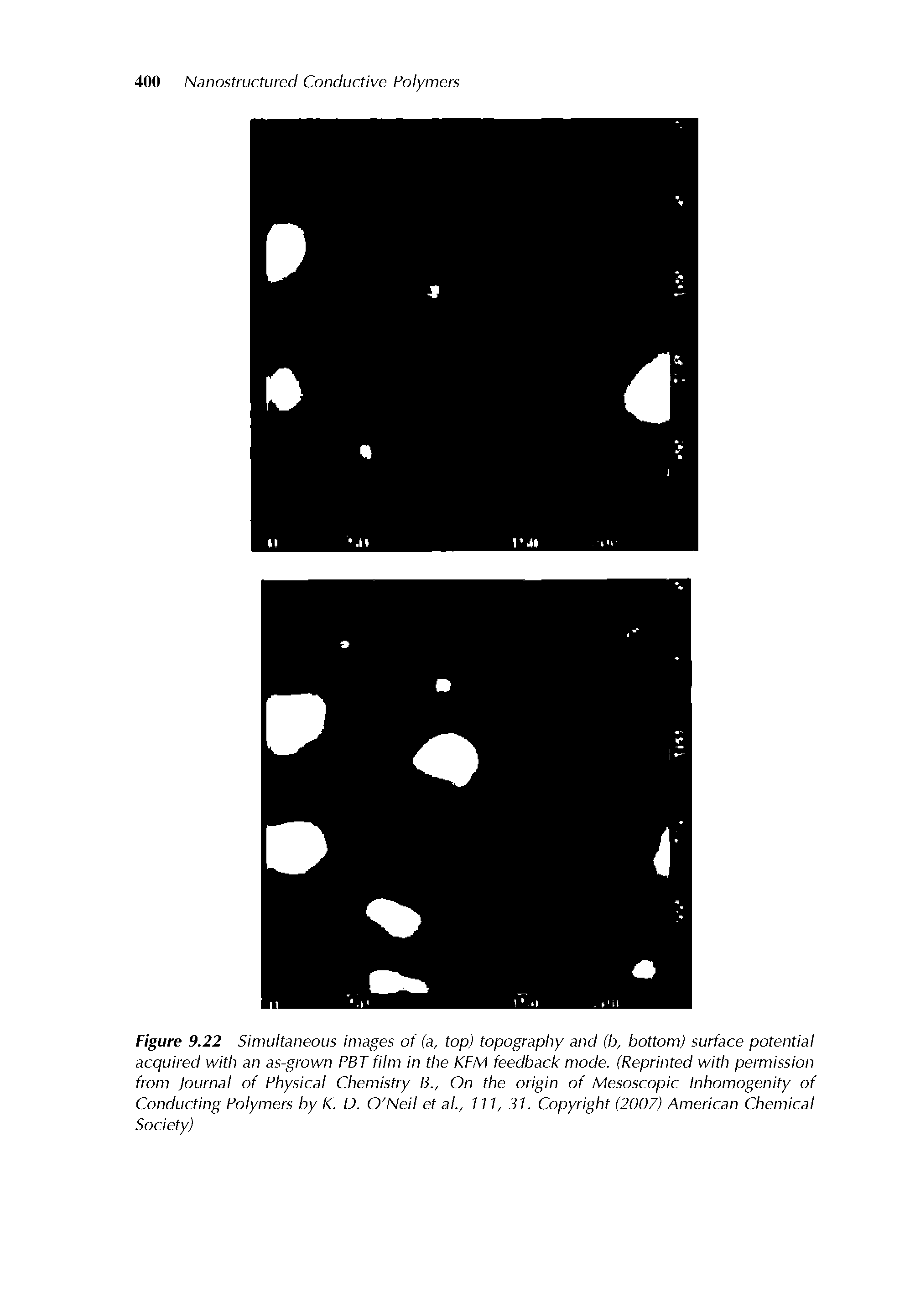 Figure 9.22 Simultaneous images of (a, top) topography and (b, bottom) surface potential acquired with an as-grown PBT film in the KFM feedback mode. (Reprinted with permission from Journal of Physical Chemistry B., On the origin of Mesoscopic Inhomogenity of Conducting Polymers by K. D. O Neil et al., ill, 31. Copyright (2007) American Chemical Society)...