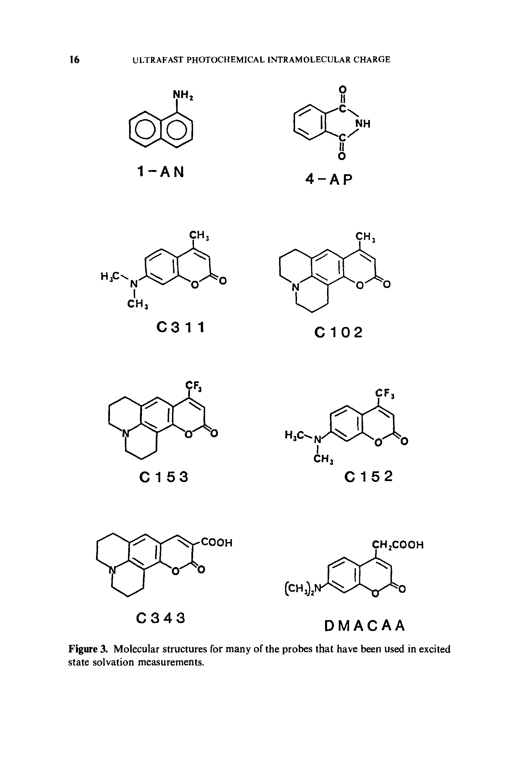 Figure 3. Molecular structures for many of the probes that have been used in excited state solvation measurements.