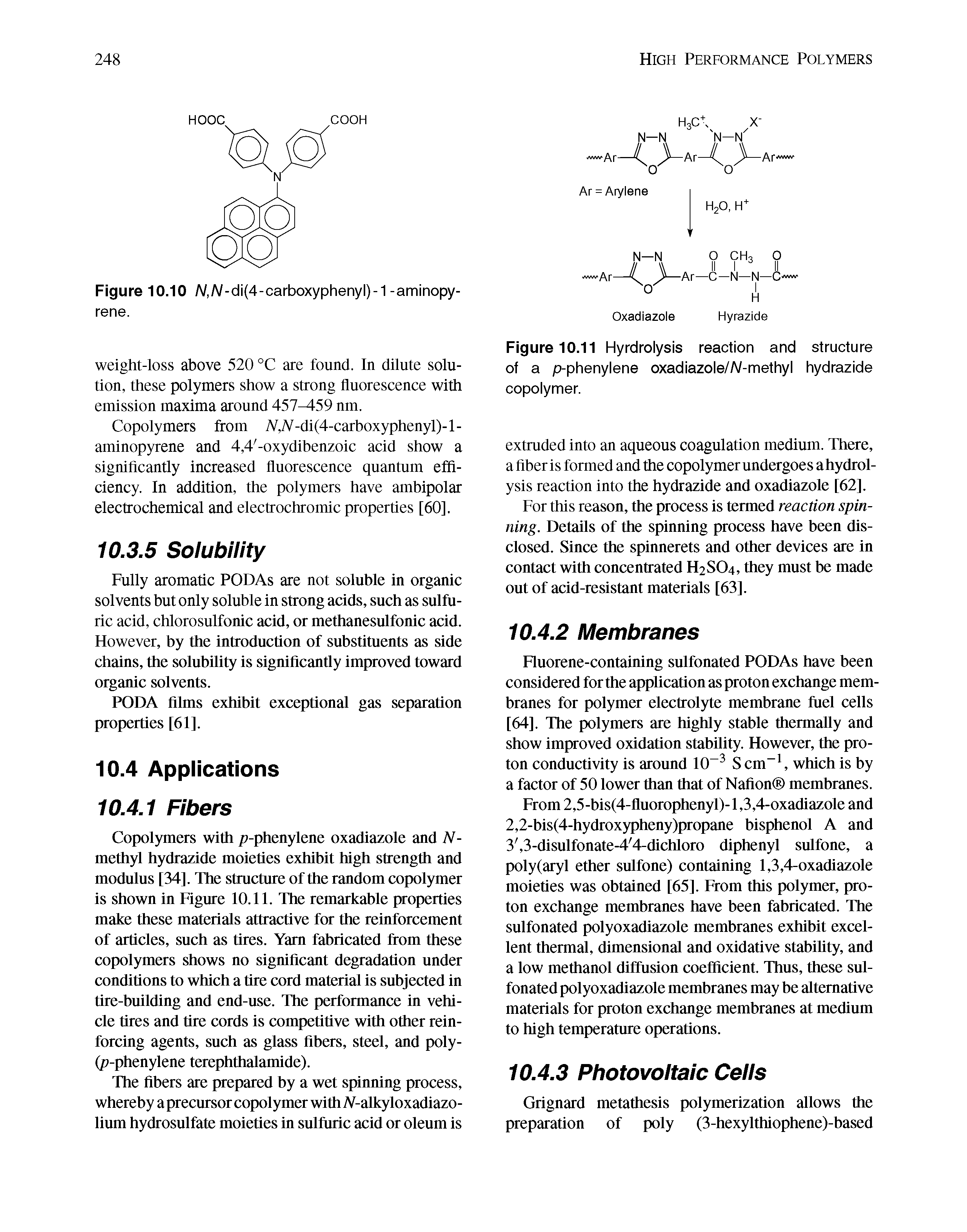Figure 10.11 Hyrdrolysis reaction and structure of a p-phenylene oxadiazole/A/-methyl hydrazide copolymer.