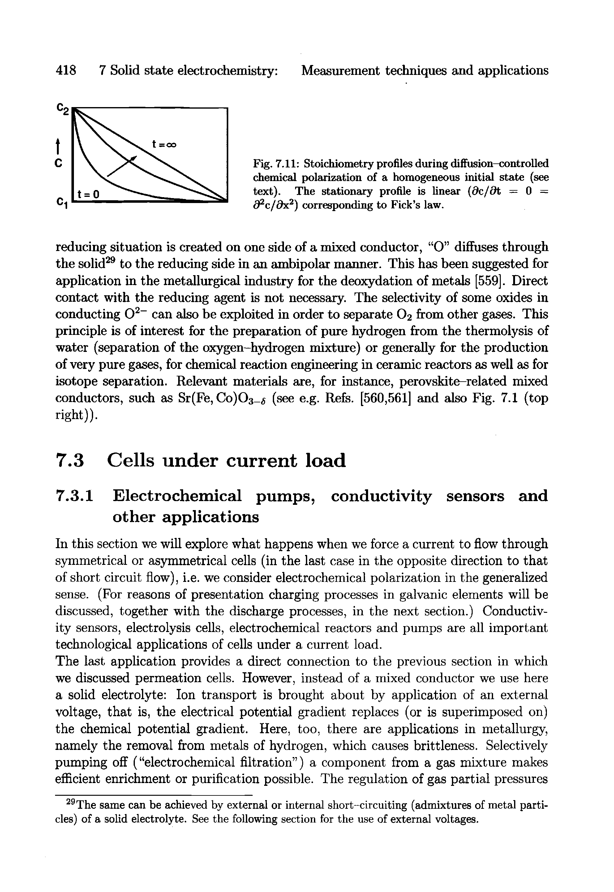 Fig. 7.11 Stoichiometry profiles during dififusion-controlled chemical polarization of a homogeneous initial state (see text). The stationary profile is Unear dc/dt = 0 = 9 c/0x ) corresponding to Pick s law.