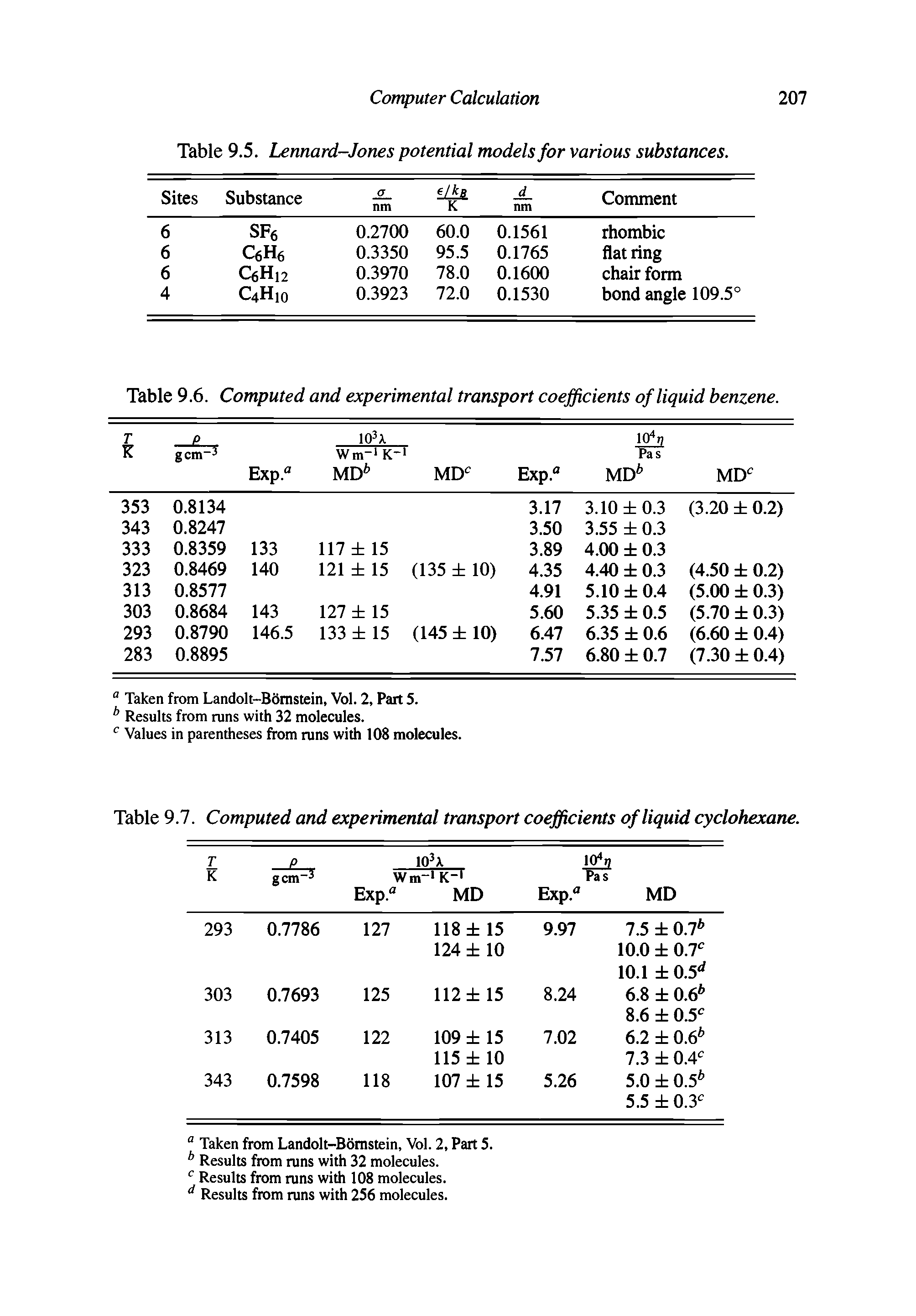 Table 9.6. Computed and experimental transport coefficients of liquid benzene.