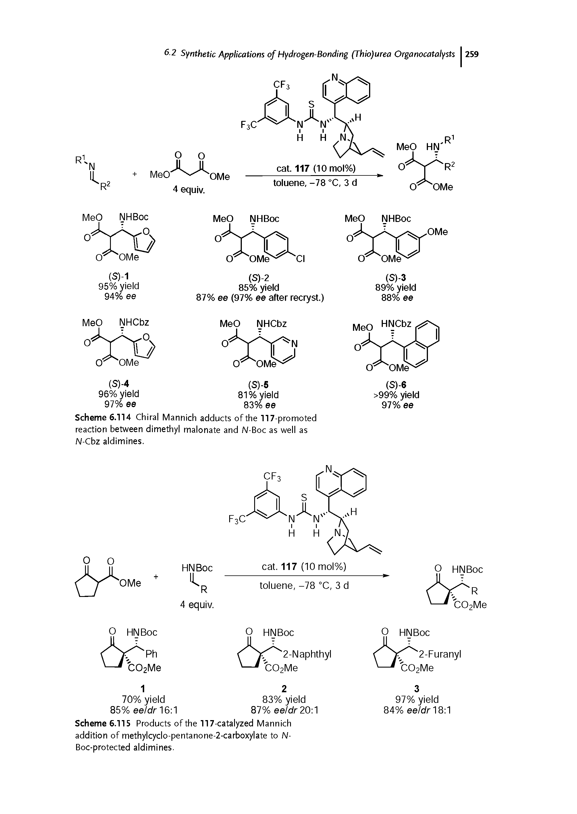 Scheme 6.114 Chiral Mannich adducts of the 117-promoted reaction between dimethyl malonate and N-Boc as well as N-Cbz aldimines.
