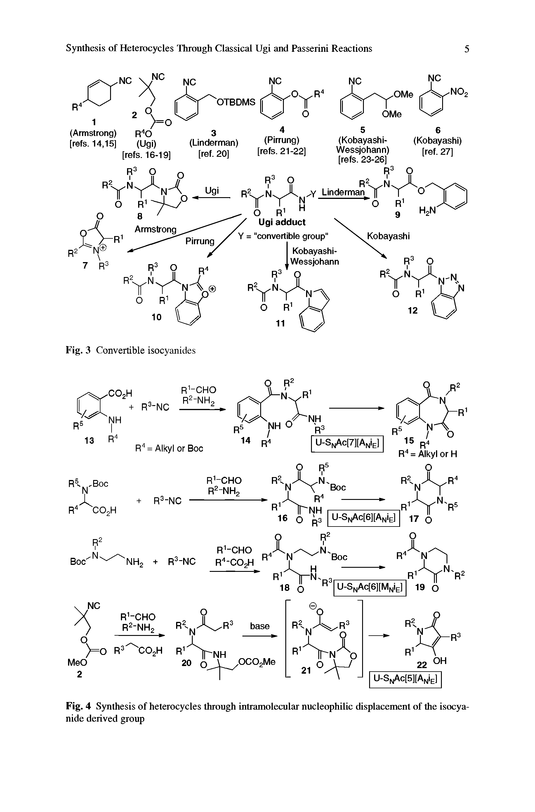 Fig. 4 Synthesis of heterocycles through intramolecular nucleophilic displacement of the isocyanide derived group...
