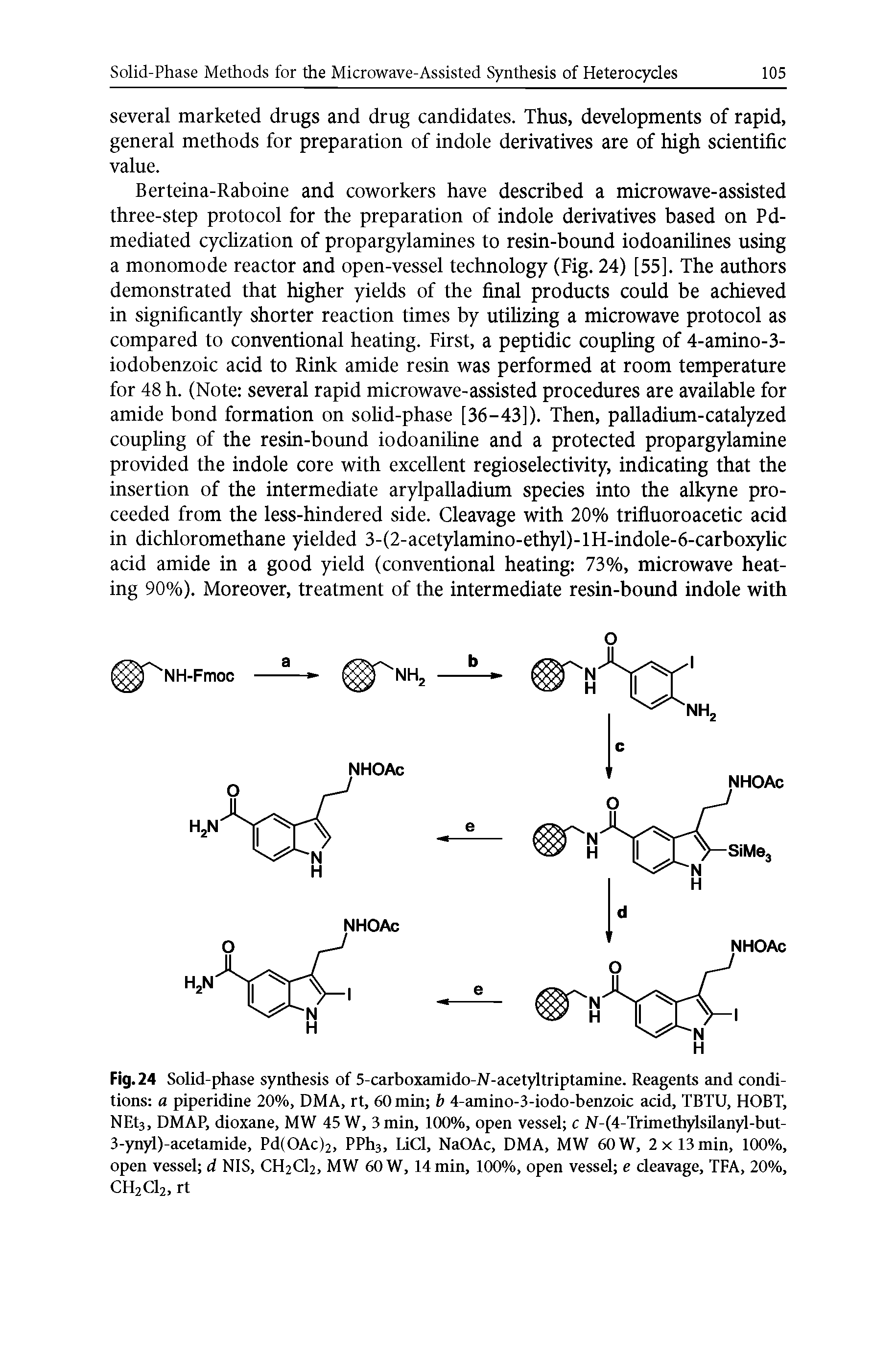 Fig. 24 Solid-phase synthesis of 5-carboxamido-iV-acetyltriptamine. Reagents and conditions a piperidine 20%, DMA, rt, 60 min b 4-amino-3-iodo-benzoic acid, TBTU, HOBT, NEt3, DMAP, dioxane, MW 45 W, 3 min, 100%, open vessel c N-(4-Trimethylsilanyl-but-3-ynyl)-acetamide, Pd(OAc)2, PPhs, LiCl, NaOAc, DMA, MW 60 W, 2x13 min, 100%, open vessel d NIS, CH2CI2, MW 60 W, 14 min, 100%, open vessel e cleavage, TFA, 20%, CH2CI2, rt...