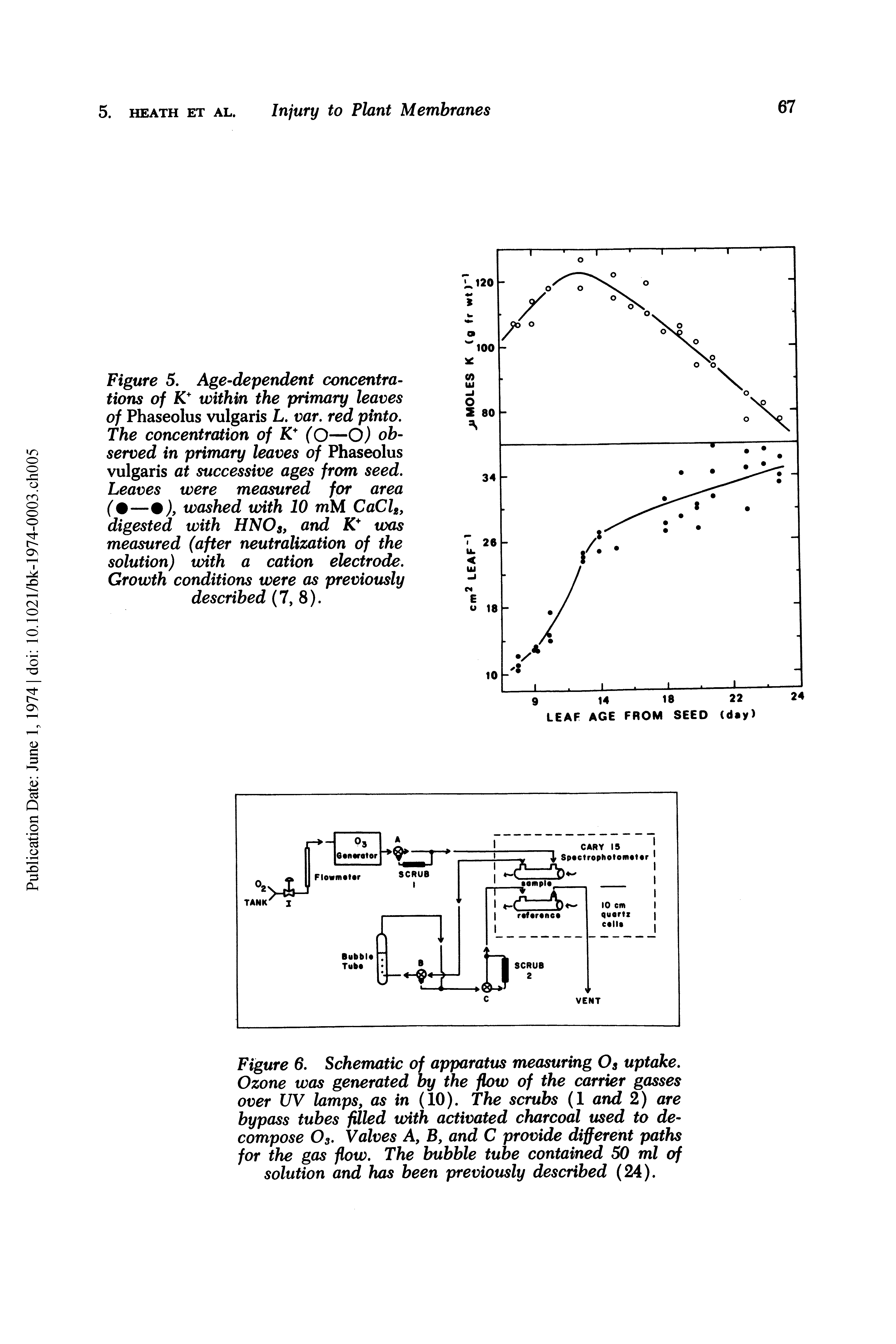 Figure 6. Schematic of apparatus measuring Os uptake. Ozone was generated by the flow of the carrier gasses over UV lamps, as in (10). The scrubs (1 and 2) are bypass tubes filled with activated charcoal used to decompose O3. Valves A, B, and C provide different paths for the gas flow. The bubble tube contained 50 ml of solution and has been previously described (24).