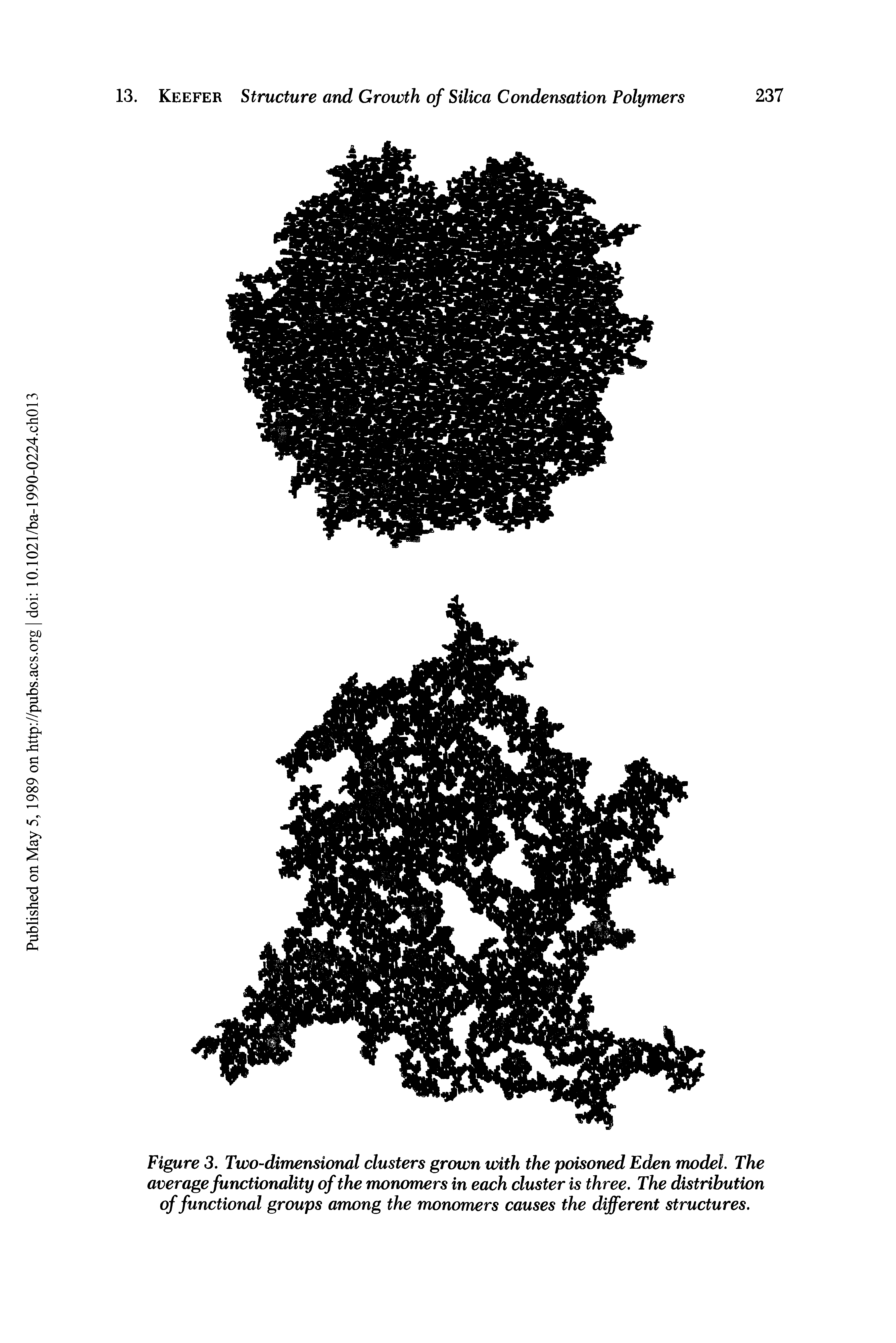 Figure 3. Two-dimensional clusters grown with the poisoned Eden model. The average functionality of the monomers in each cluster is three. The distribution of functional groups among the monomers causes the different structures.