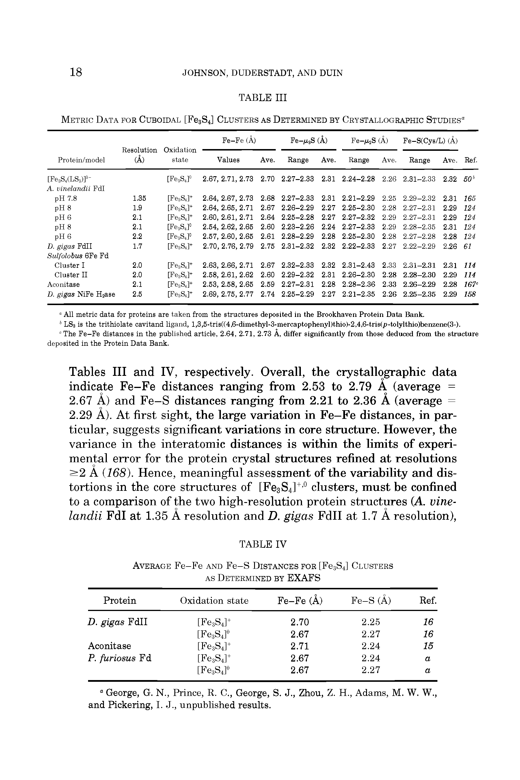 Tables III and IV, respectively. Overall, the crystallographic data indicate Fe-Fe distances ranging from 2.53 to 2.79 A (average =...