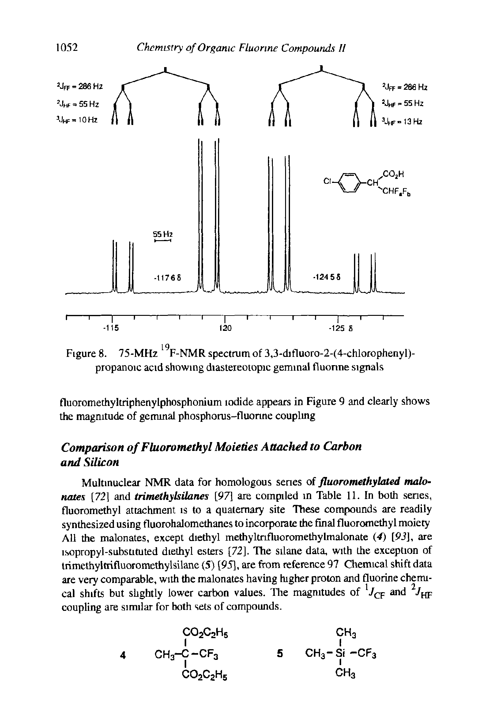 Figures. 75-MHz F-NMR spectrum of 3,3-difluoro-2-(4-chlorophenyl)-propanoic acid showing diasteieotopic geminal fluorine signals...