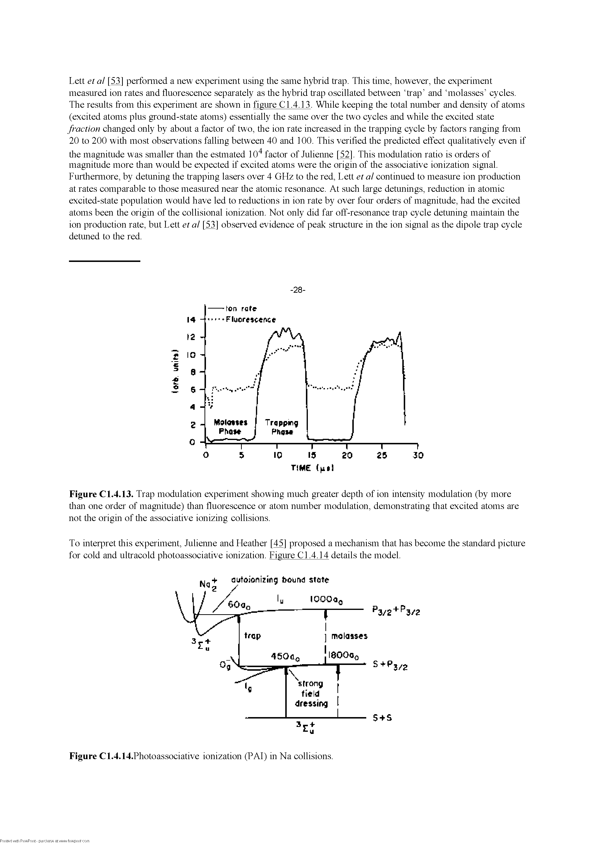 Figure Cl.4.13. Trap modulation experiment showing much greater deptli of ion intensity modulation (by more tlian one order of magnitude) tlian fluorescence or atom number modulation, demonstrating tliat excited atoms are not tire origin of tire associative ionizing collisions.