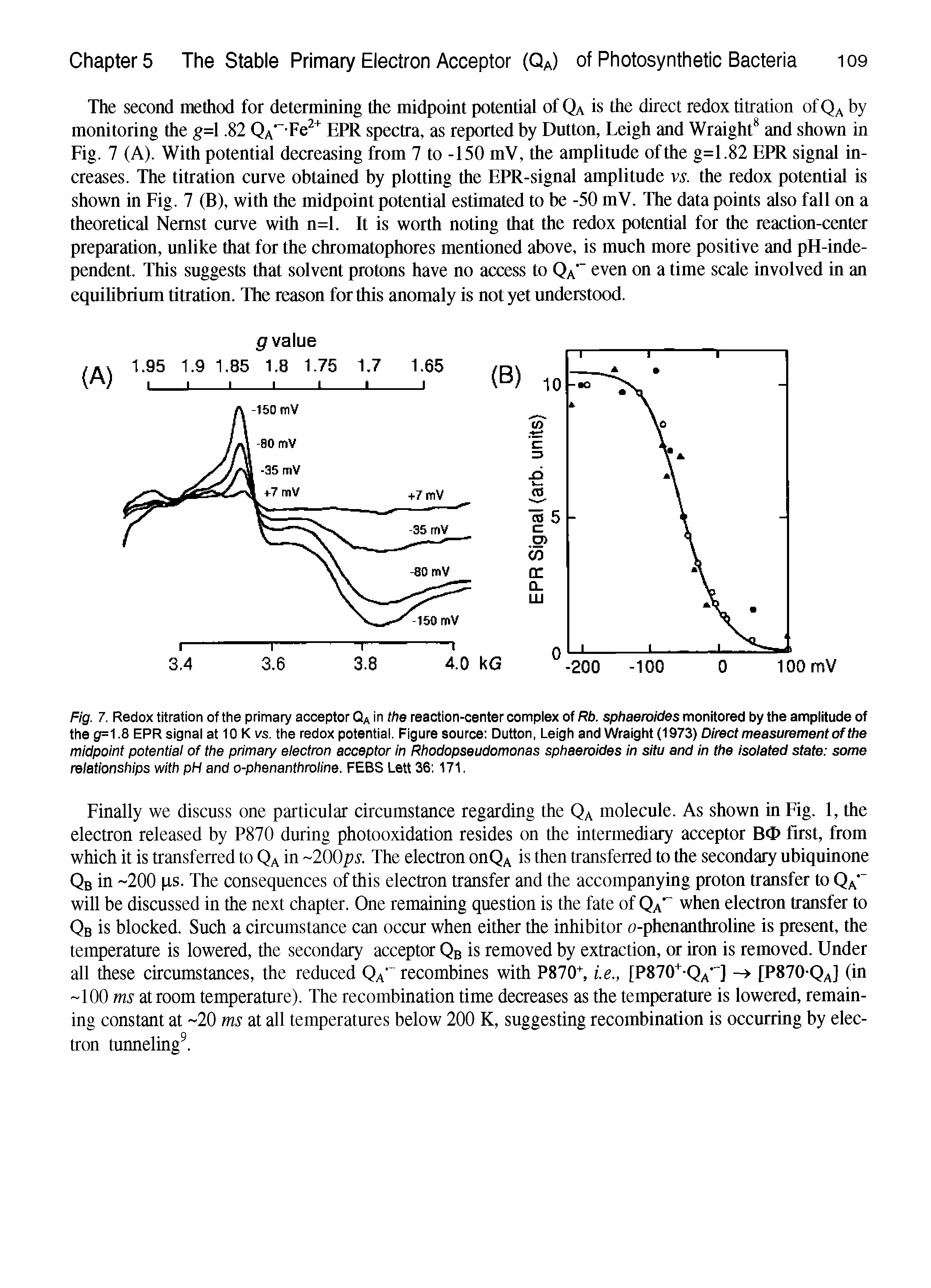 Fig. 7. Redox titration of the primary acceptor Qa in ths reaction-center compiex of Rb. sphaeroides monitored by the amplitude of the g= S EPR signal at 10 K vs. the redox potential. Figure source Dutton, Leigh and Wraight (1973) Direct measurement of the midpoint potentiai of the primary electron acceptor in Rhodopseudomonas sphaeroides in situ and in the isolated state some relationships with pH and o-phenanthroline. FEES Lett 36 171.
