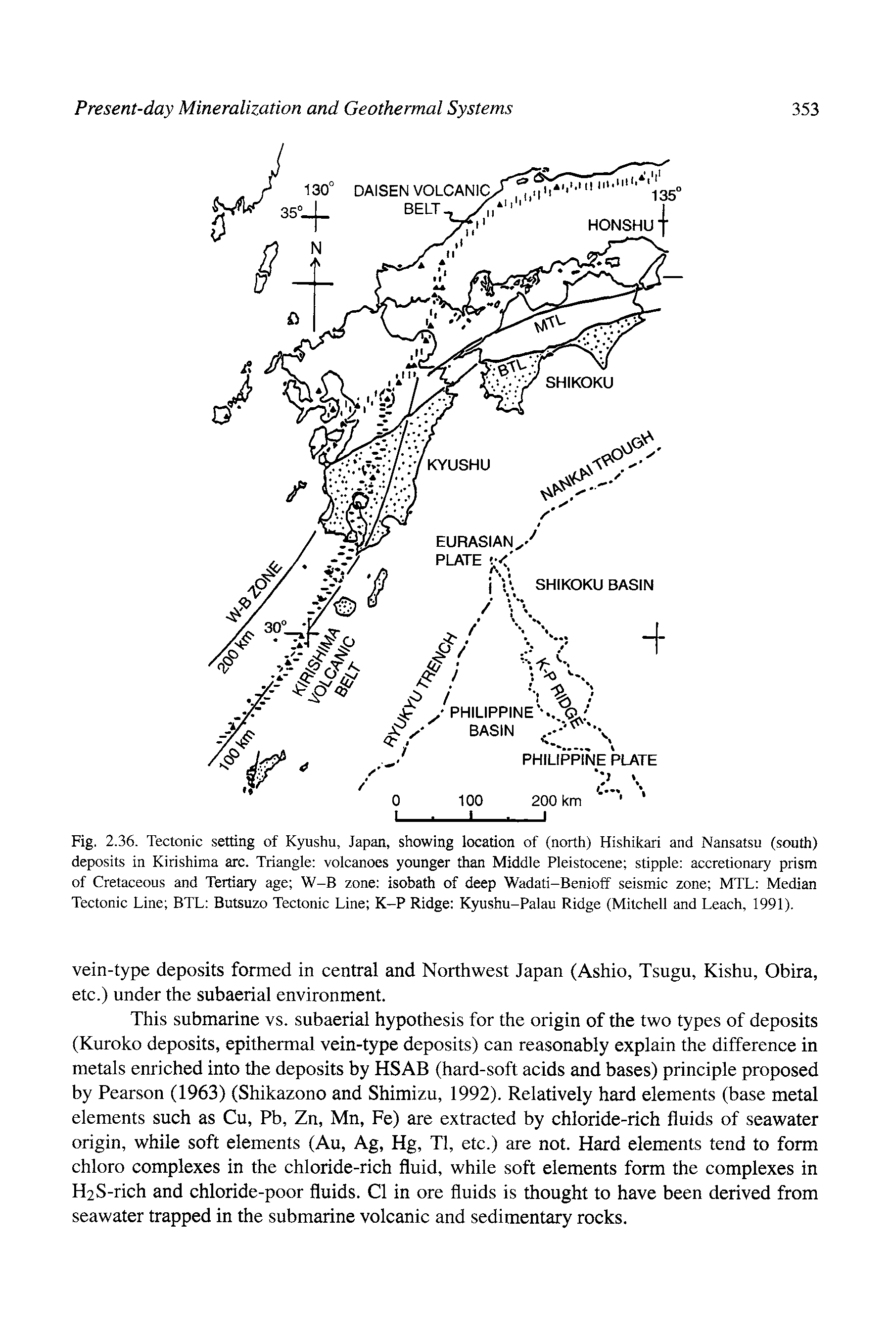 Fig. 2.36. Tectonic setting of Kyushu, Japan, showing location of (north) Hishikari and Nansatsu (south) deposits in Kirishima arc. Triangle volcanoes younger than Middle Pleistocene stipple accretionary prism of Cretaceous and Tertiary age W-B zone isobath of deep Wadati-Benioff seismic zone MTL Median Tectonic Line BTL Butsuzo Tectonic Line K-P Ridge Kyushu-Palau Ridge (Mitchell and Leach, 1991).