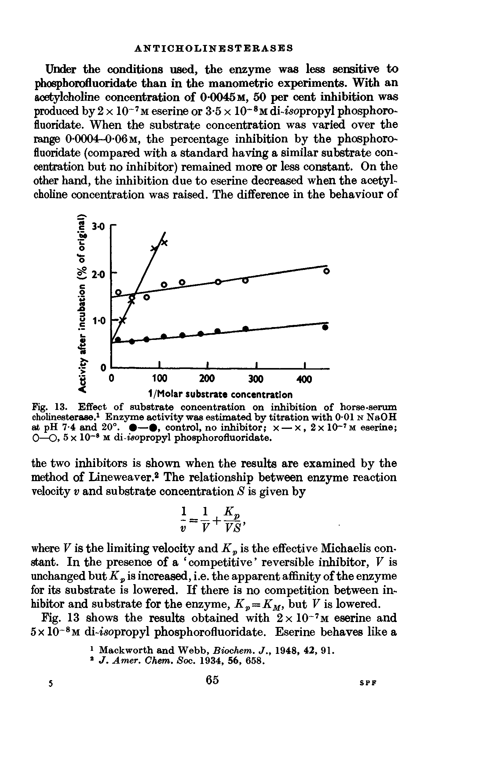 Fig. 13. Effect of substrate concentration on inhibition of horse-serum cholinesterase.1 Enzyme activity was estimated by titration with 0-01 n NaOH at pH 7-4 and 20°. — , control, no inhibitor x — x, 2x 10 7 m eserine 0—O, 5 x 10 8 m di-isopropyl phosphorofluoridate.