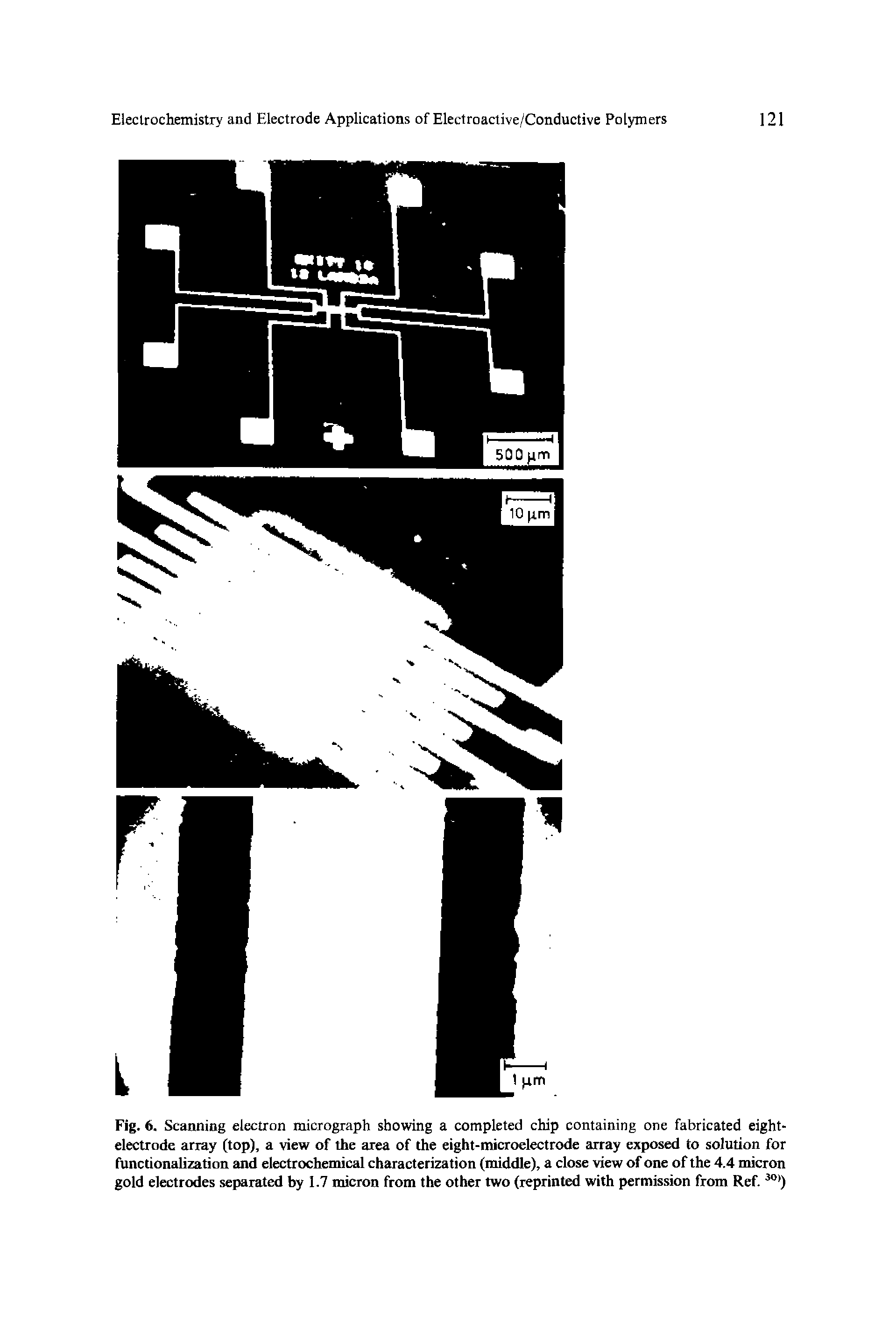 Fig. 6. Scanning electron micrograph showing a completed chip containing one fabricated eight-electrode array (top), a view of the area of the eight-microelectrode array exposed to solution for functionalization and electrochemical characterization (middle), a close view of one of the 4.4 micron gold electrodes separated by 1.7 micron from the other two (reprinted with permission from Ref. )...