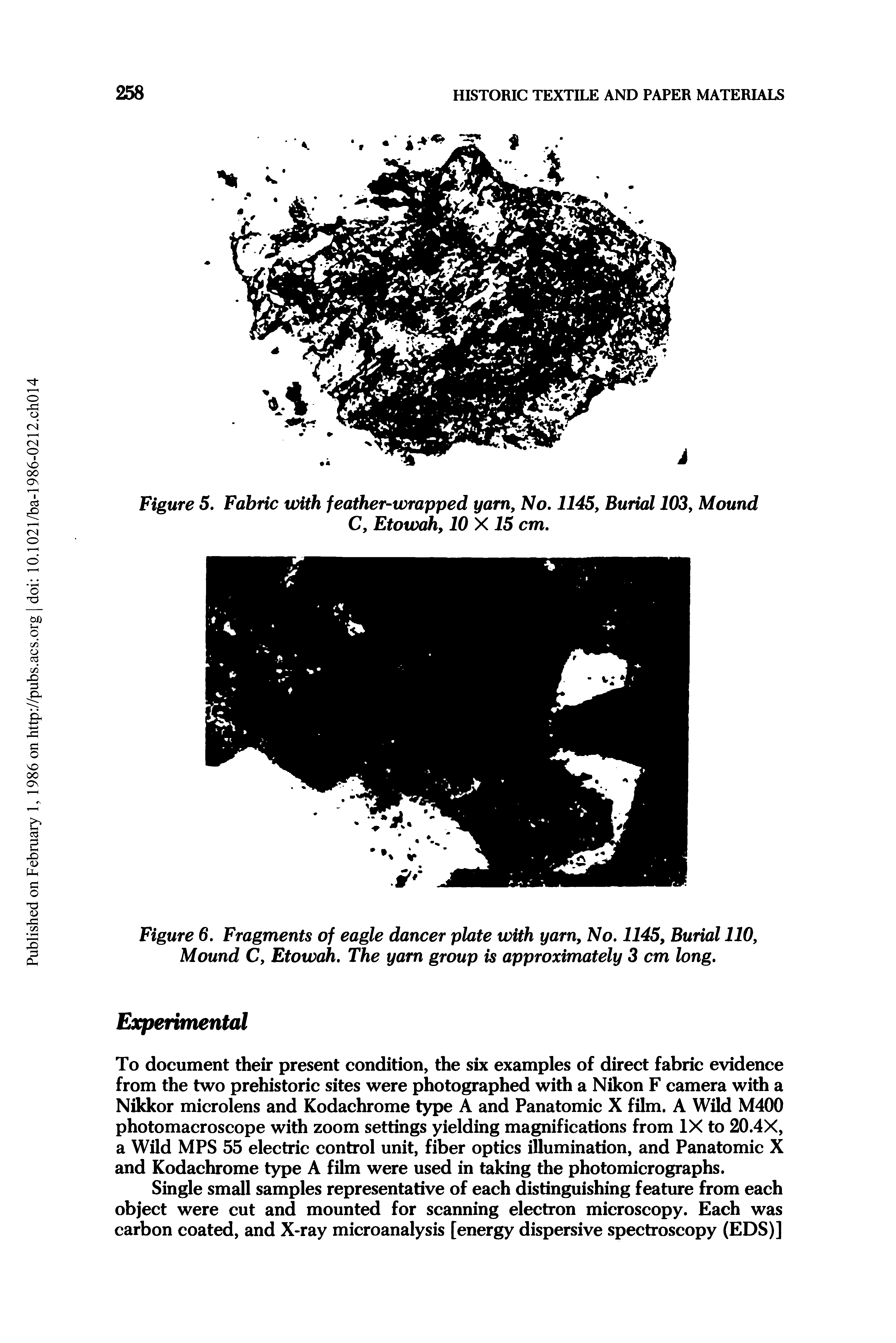 Figure 5. Fabric with feather-wrapped yam, No. 1145, Burial 103, Mound C, Etowah, 10 X 15 cm.