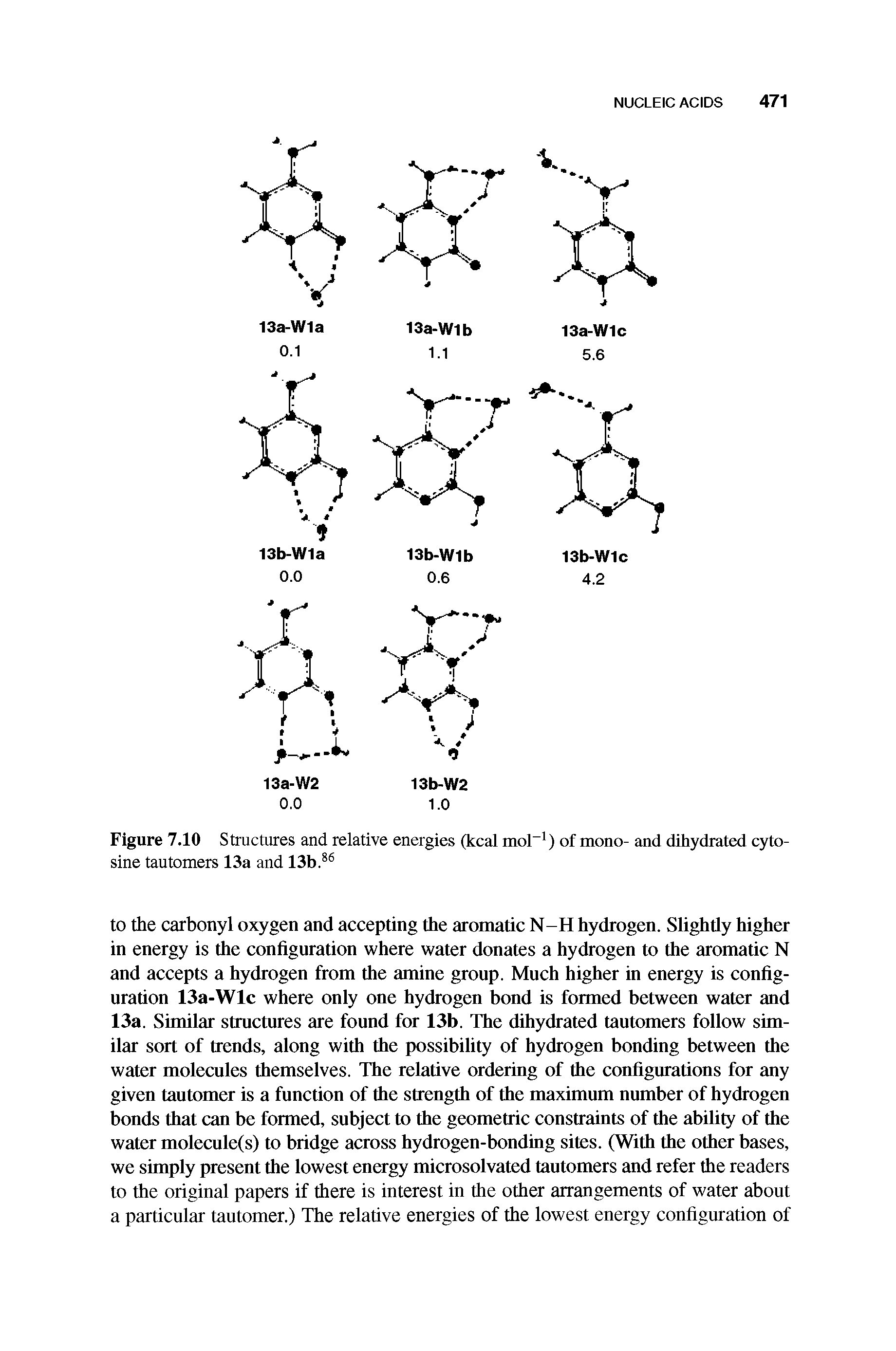 Figure 7.10 Structures and relative energies (kcal mor ) of mono- and dihydrated cytosine tautomers 13a and 13b. ...