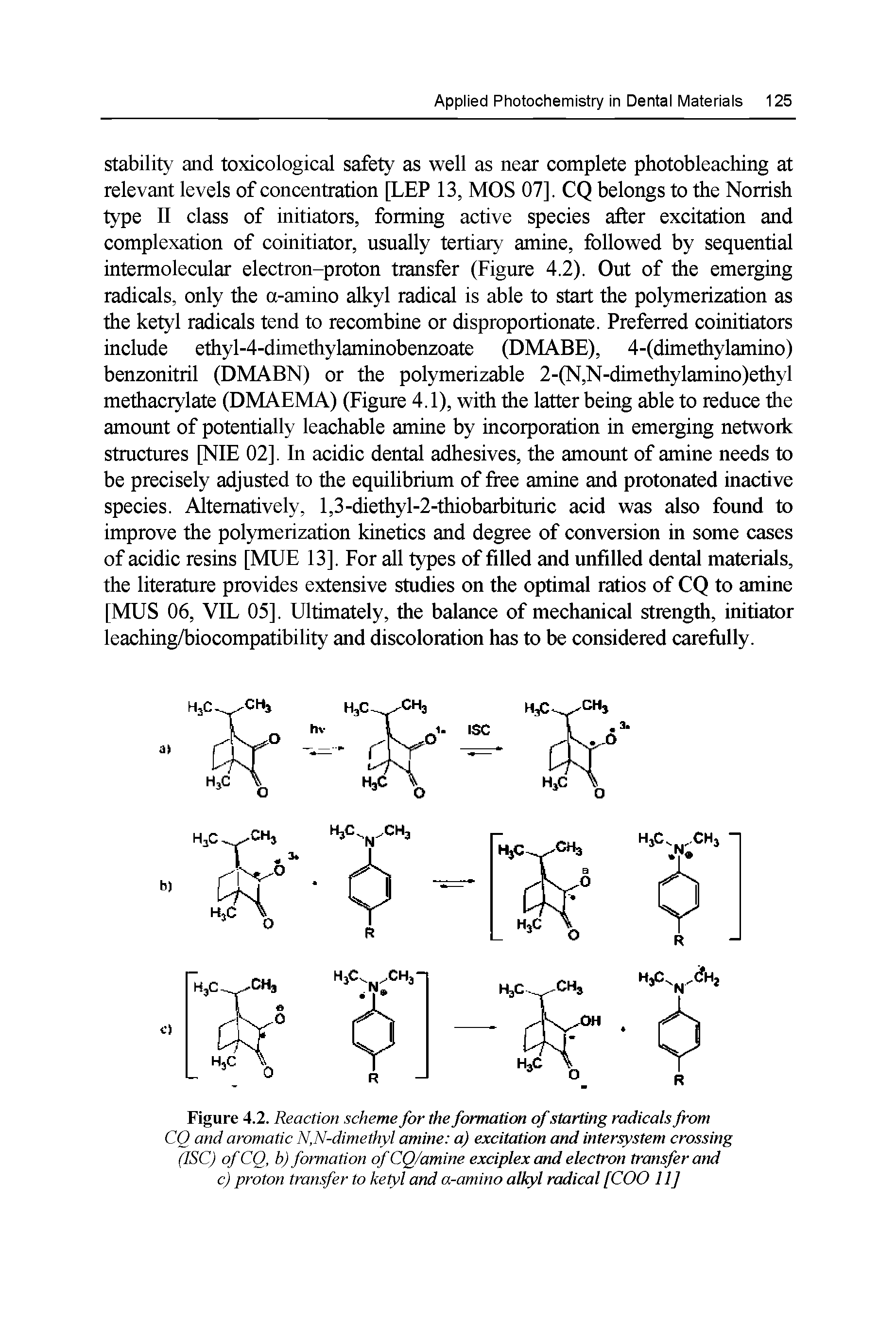 Figure 4.2. Reaction scheme for the formation of starting radicals from CQ and aromatic N,N-dimethyl amine a) excitation and intersystem crossing (ISC) ofCQ, b) formation ofCQ/amine exciplexand electron transfer and c) proton transfer to ketyl and a-amino alkyl radical [COO 11]...