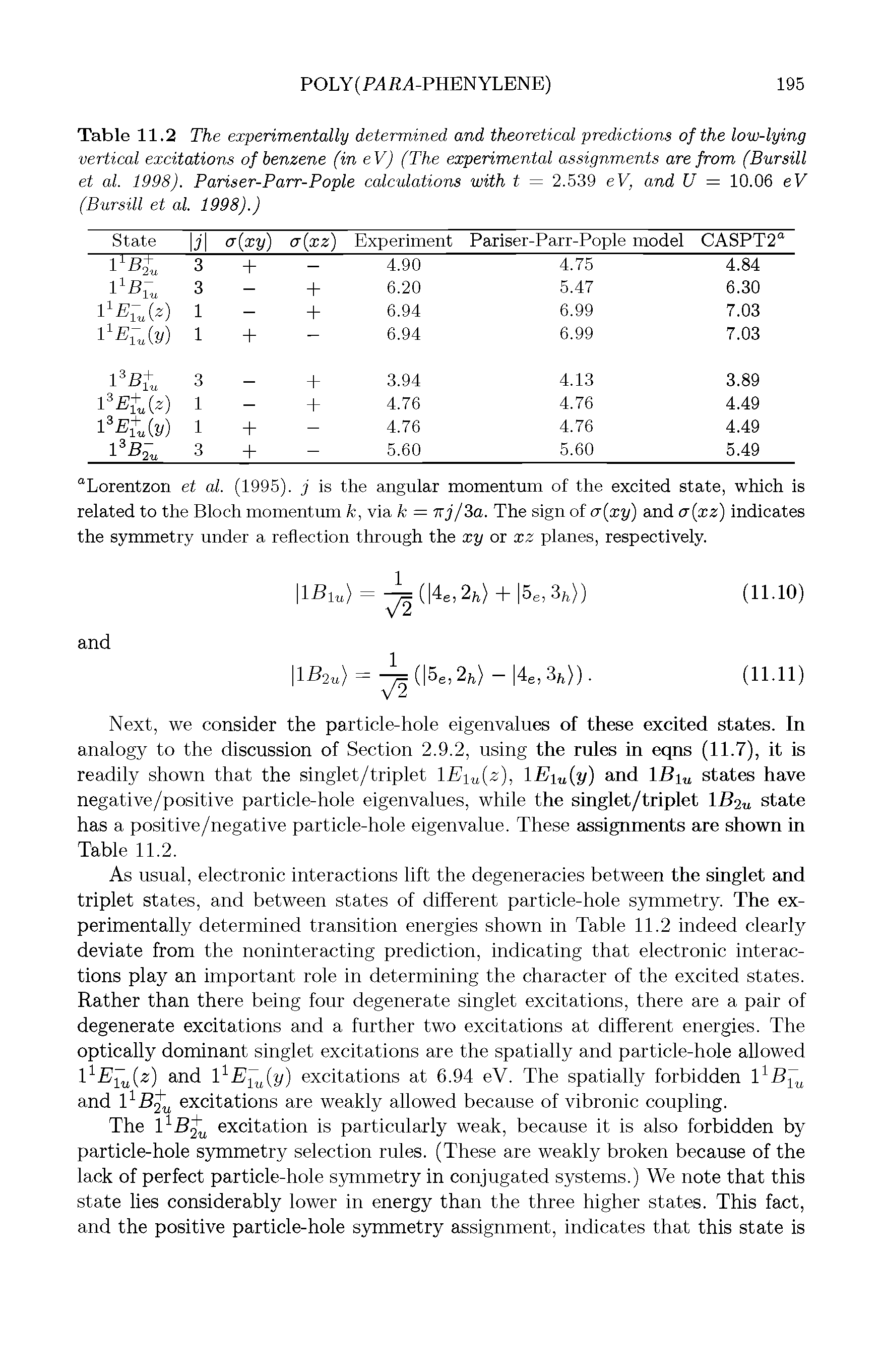 Table 11.2 The experimentally determined and theoretical predictions of the low-lying vertical excitations of benzene (in eV) (The experimental assignments are from (Bursill et al. 1998). Pariser-Parr-Pople calculations with t = 2.539 eV, and U = 10.06 eV (Bursill et al. 1998).)...