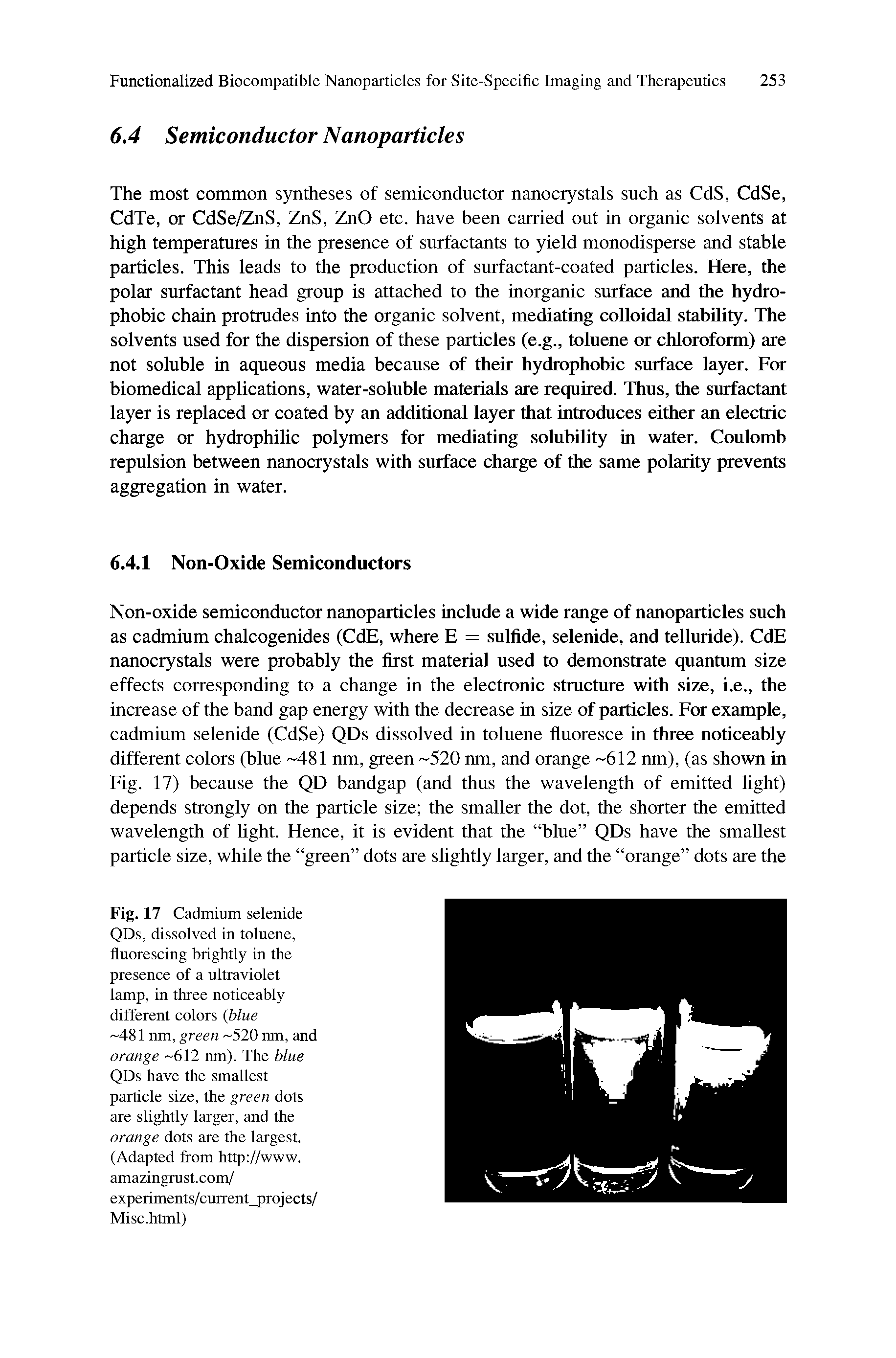 Fig. 17 Cadmium selenide QDs, dissolved in toluene, fluorescing brightly in the presence of a ultraviolet lamp, in three noticeably different colors (blue 481 nm, green 520 nm, and orange 612 nm). The blue QDs have the smallest particle size, the green dots are slightly larger, and the orange dots are the largest. (Adapted from http //www. amazingrust.com/ experiments/current proj ects / Misc.html)...