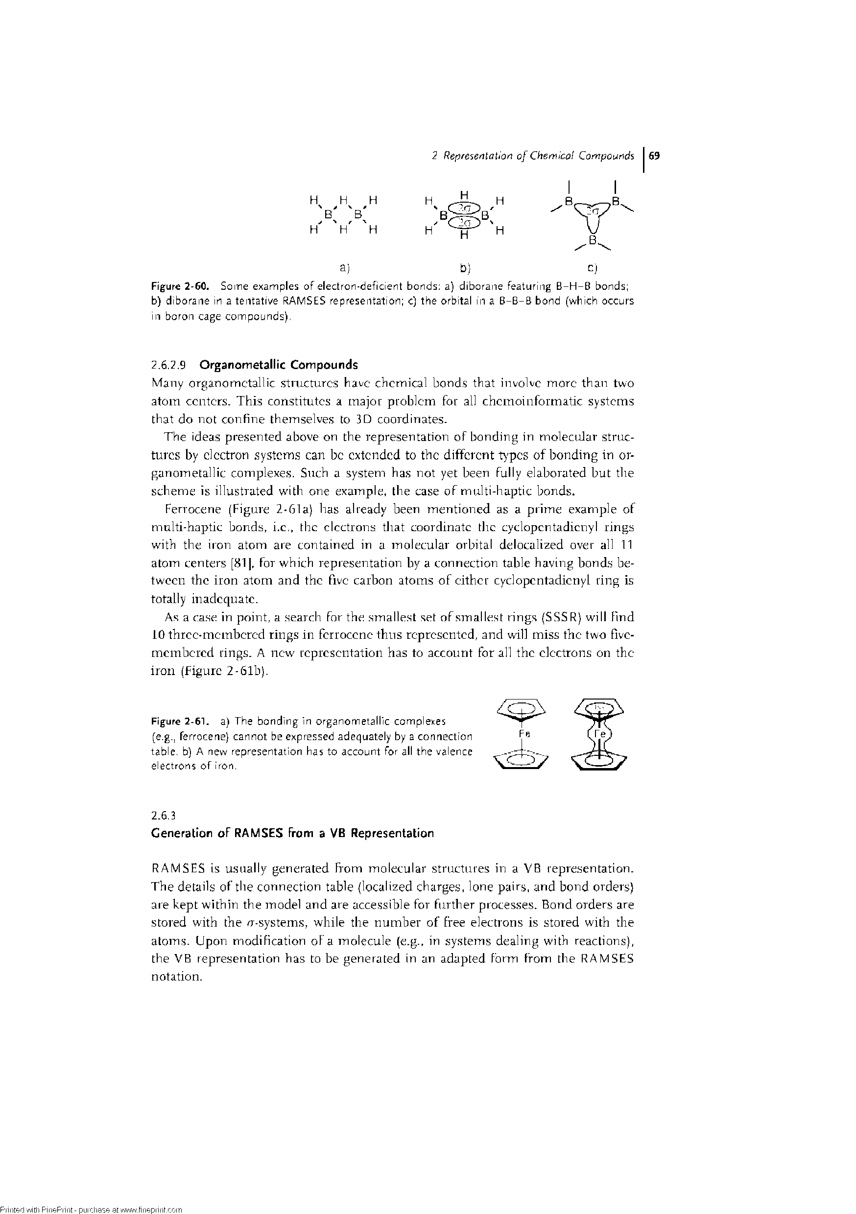 Figure 2-60. Soine examples of electron-deficient bonds a) diborane featuring B-H-B bonds b) diborane in a tentative RAMSES representation c) the orbital in a B-B-B bond (which occurs in boron cage compounds),...