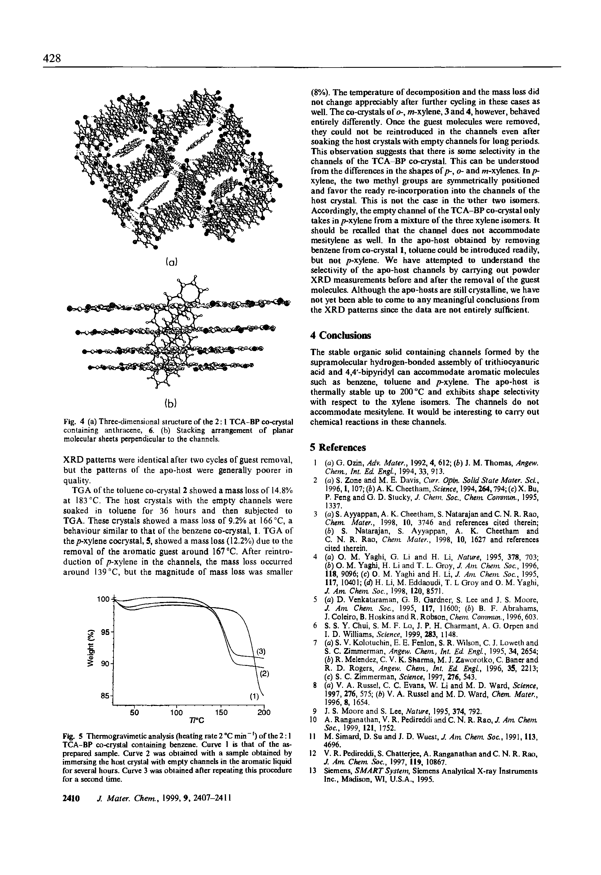 Fig. 5 Thermogravimetic analysis (heating rate 2 °C min - ) of the 2 1 TCA-BP co-crystal containing benzene. Curve I is that of the as-prepared sample. Curve 2 was obtained with a sample obtained by immersing the host crystal with empty channels in the aromatic liquid for several hours. Curve 3 was obtained after repeating this procedure for a second time.