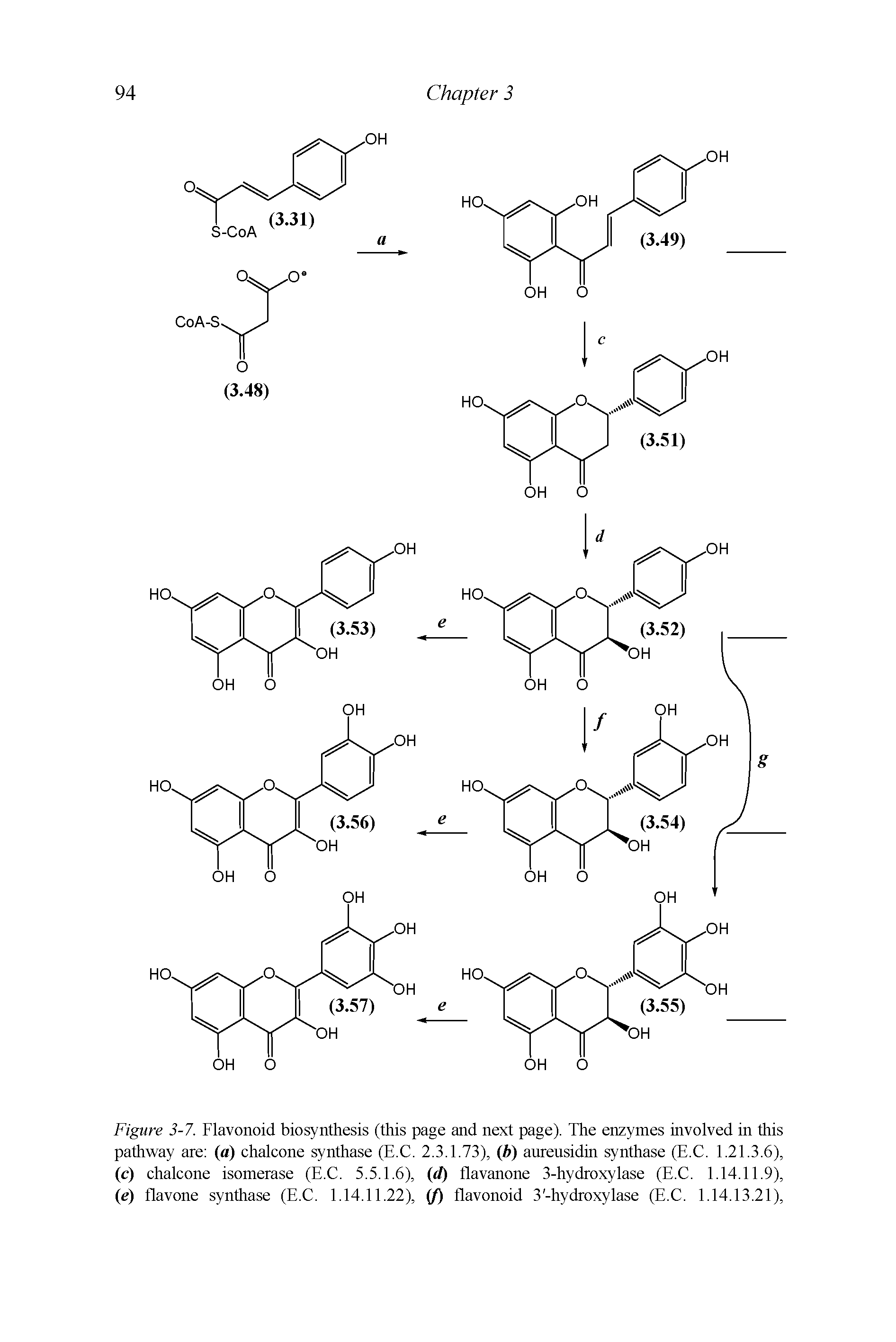 Figure 3-7. Flavonoid biosynthesis (this page and next page). The enzymes involved in this pathway are (a) chalcone synthase (E.C. 2.3.1.73), (b) aureusidin synthase (E.C. 1.21.3.6), (c) chalcone isomerase (E.C. 5.5.1.6), (d) flavanone 3-hydroxylase (E.C. 1.14.11.9), (e) flavone synthase (E.C. 1.14.11.22), (f) flavonoid 3 -hydroxylase (E.C. 1.14.13.21),...